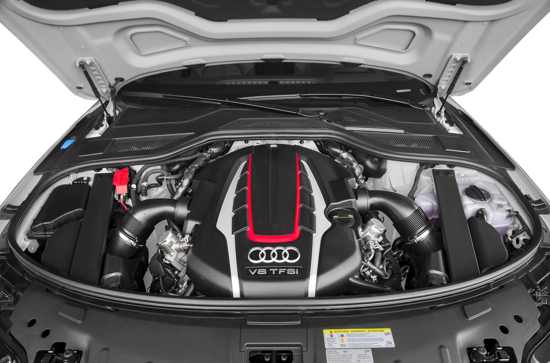 V8 TFSI engine with Audi branding and detailed engine bay components