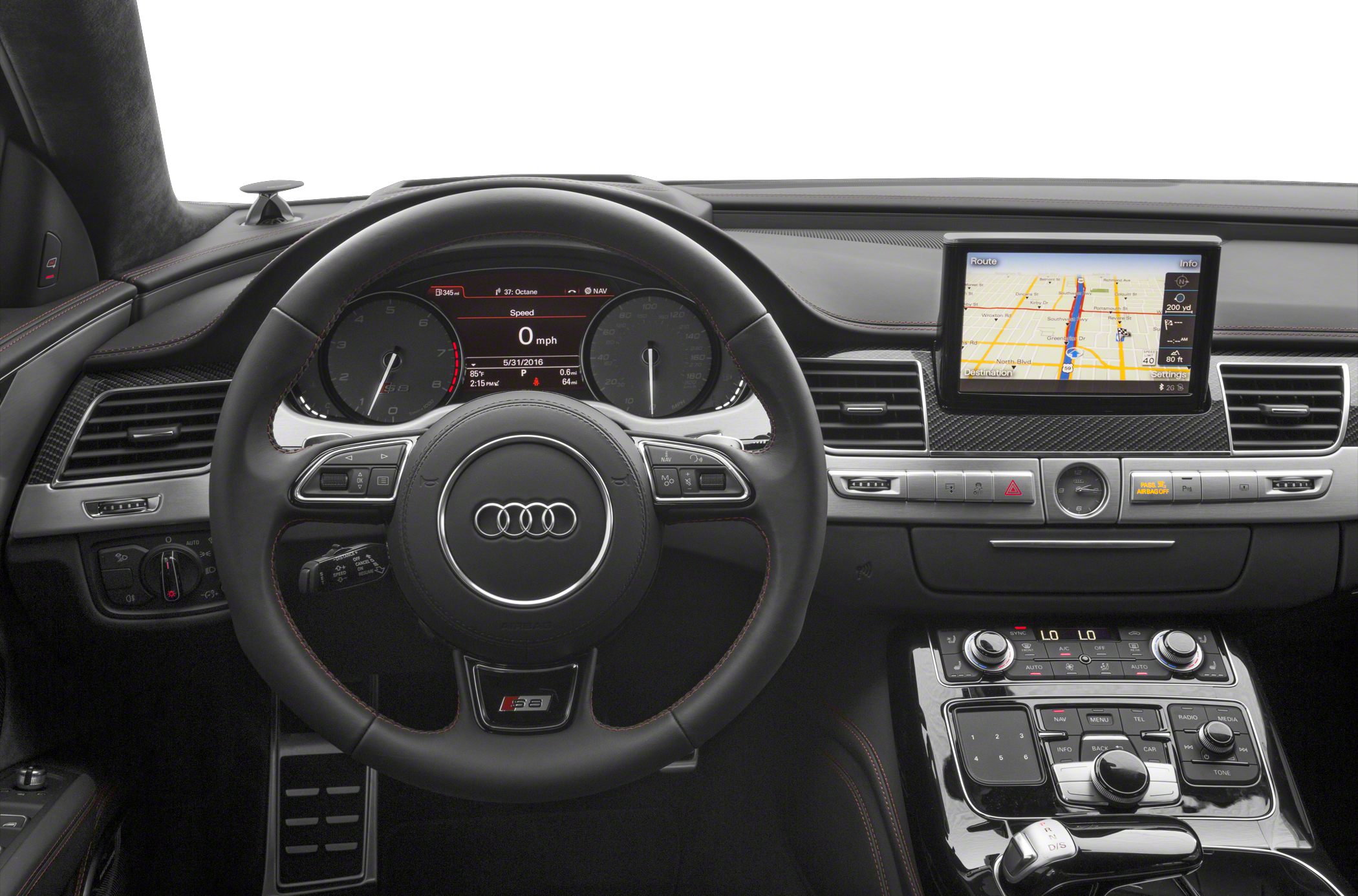 Digital instrument cluster and navigation display with central control buttons.