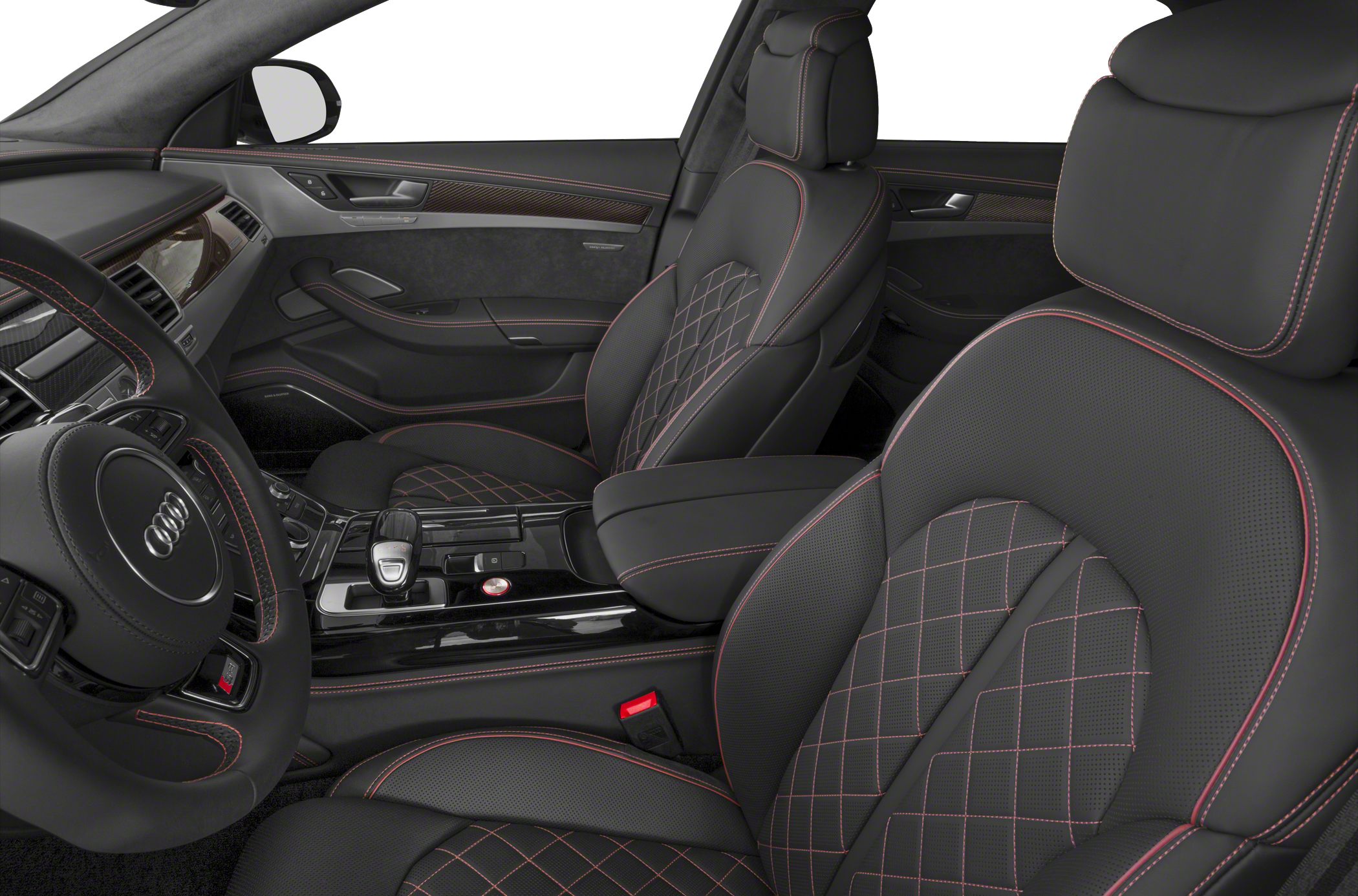 Luxury black leather interior with red diamond stitching and carbon fiber trim