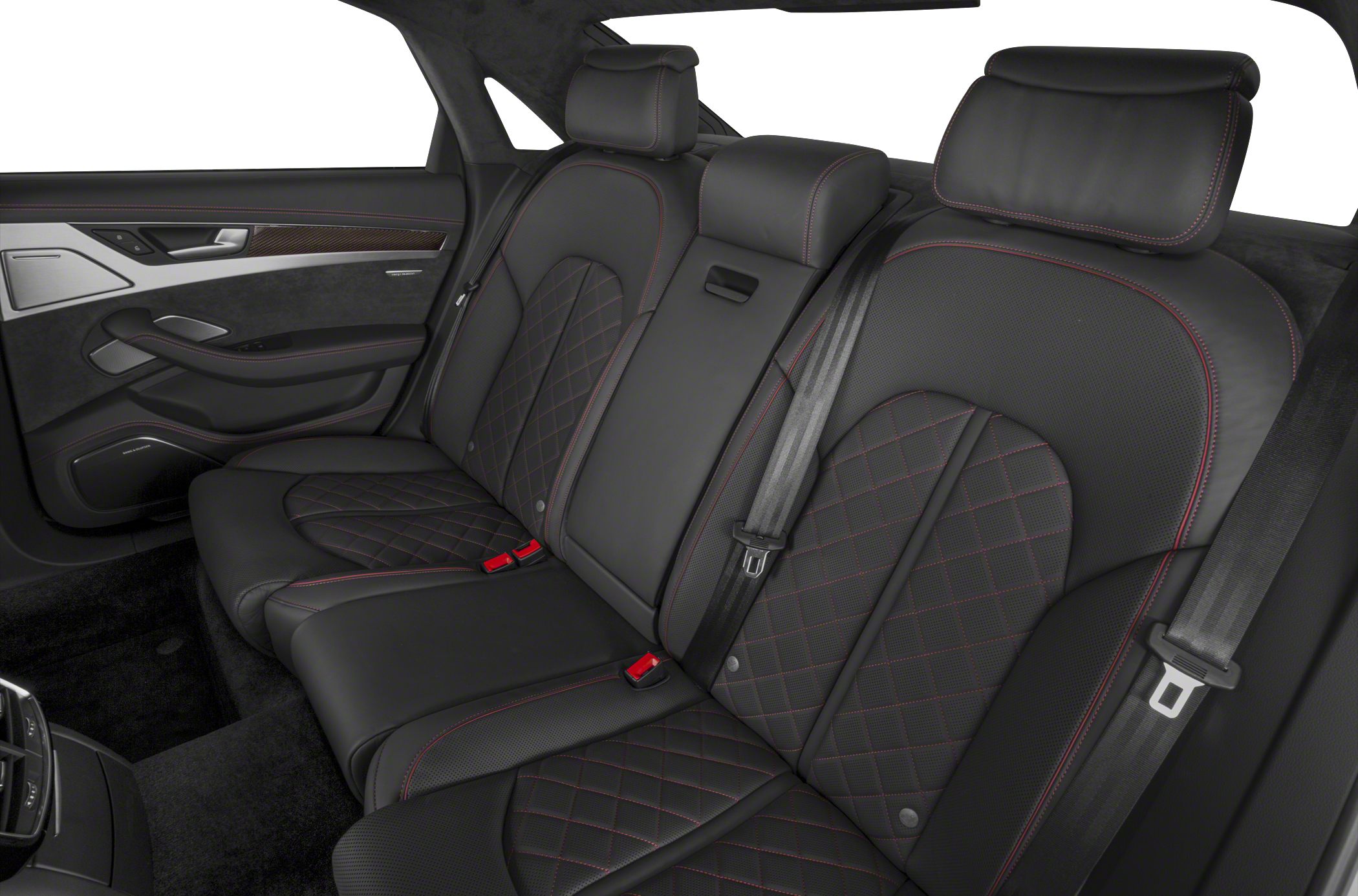 Black leather rear seats with red diamond stitching and integrated headrests