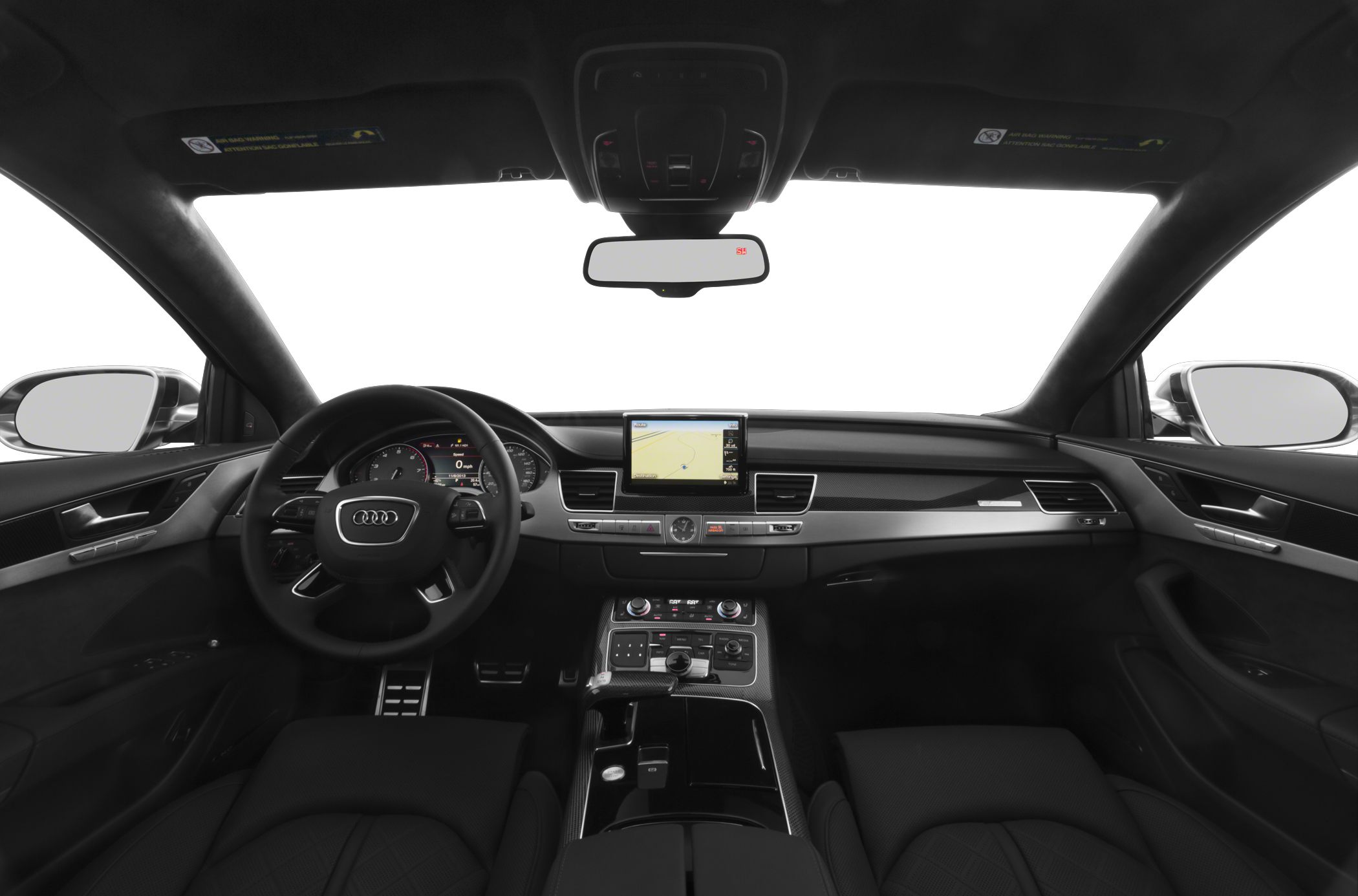 Dashboard with navigation screen and steering wheel controls.