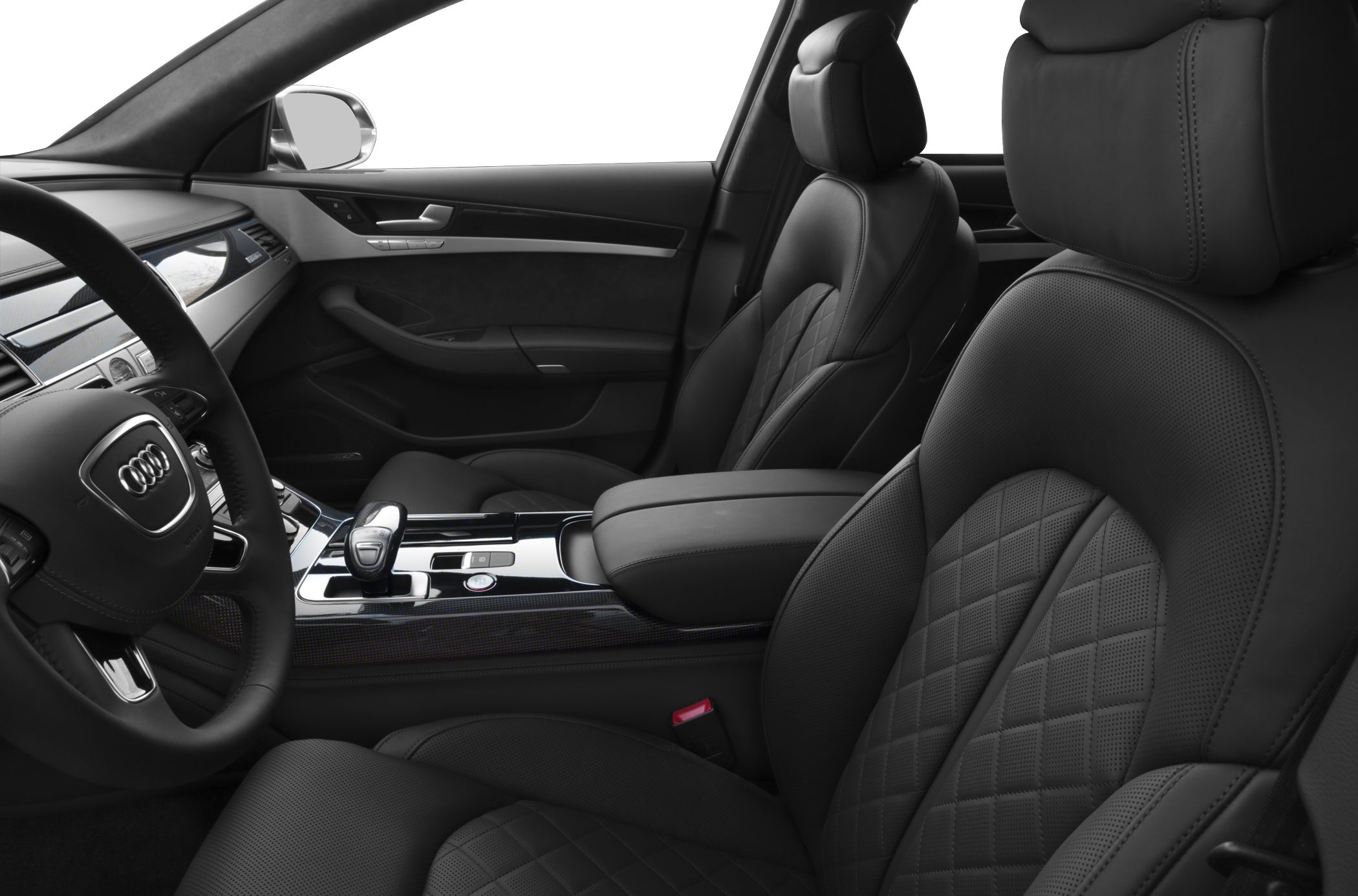 Quilted leather seats and premium center console in luxury car interior