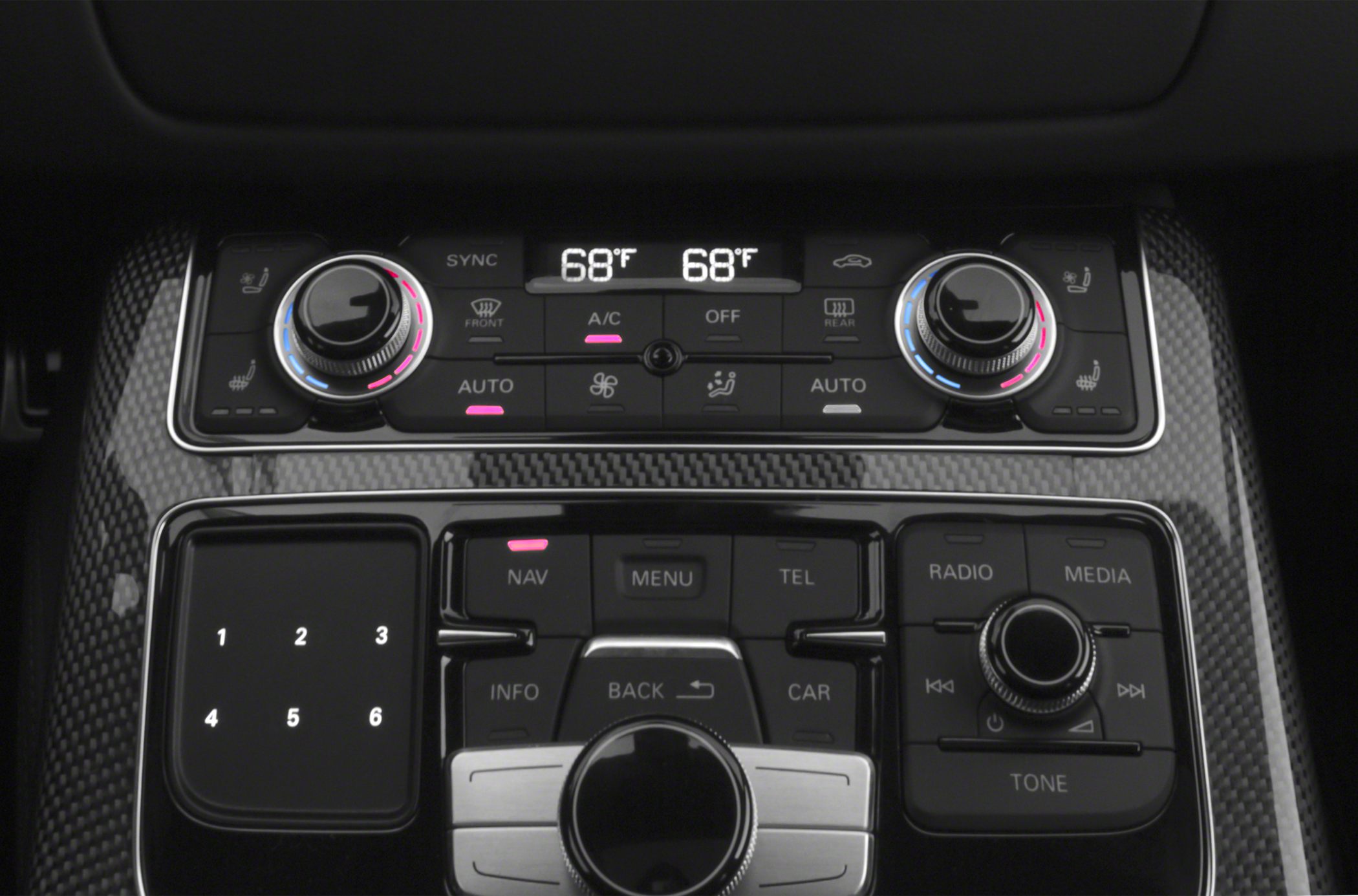 Dual-zone climate control and media interface with carbon fiber trim