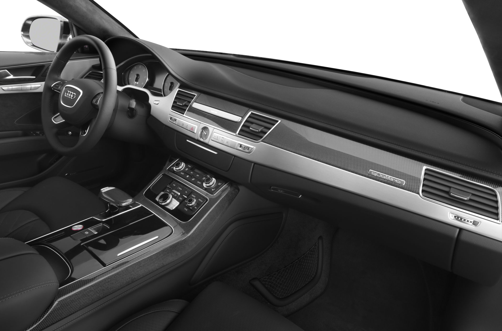 Luxury car interior with detailed dashboard and center console