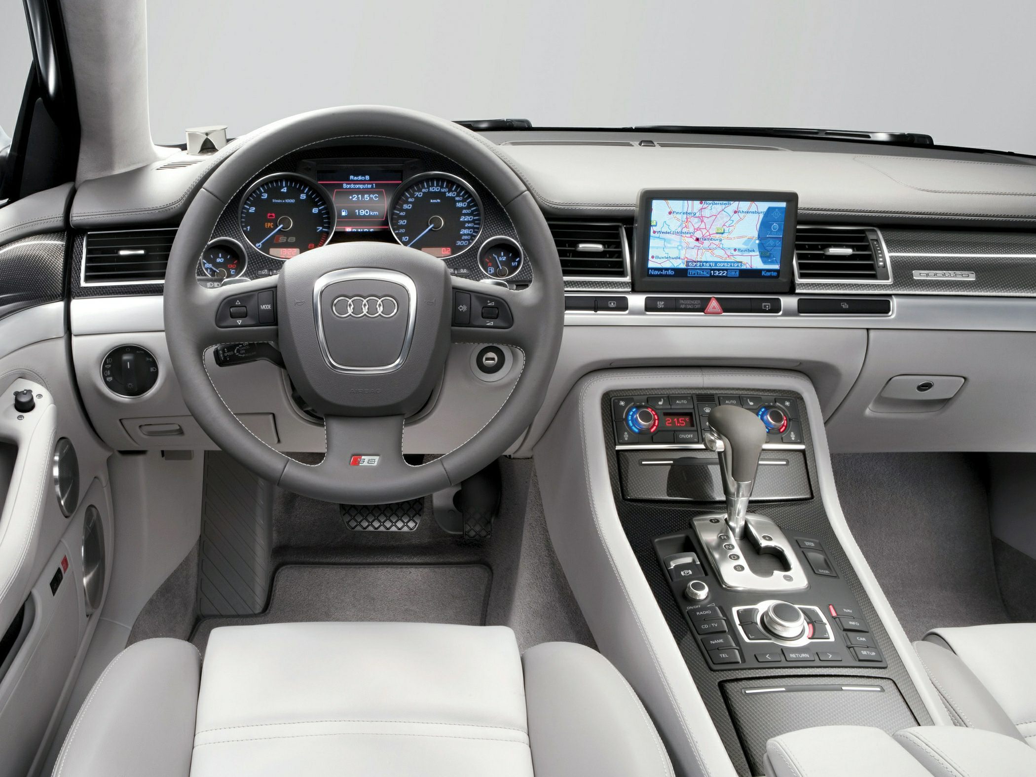 Luxury car interior with digital cluster and navigation screen