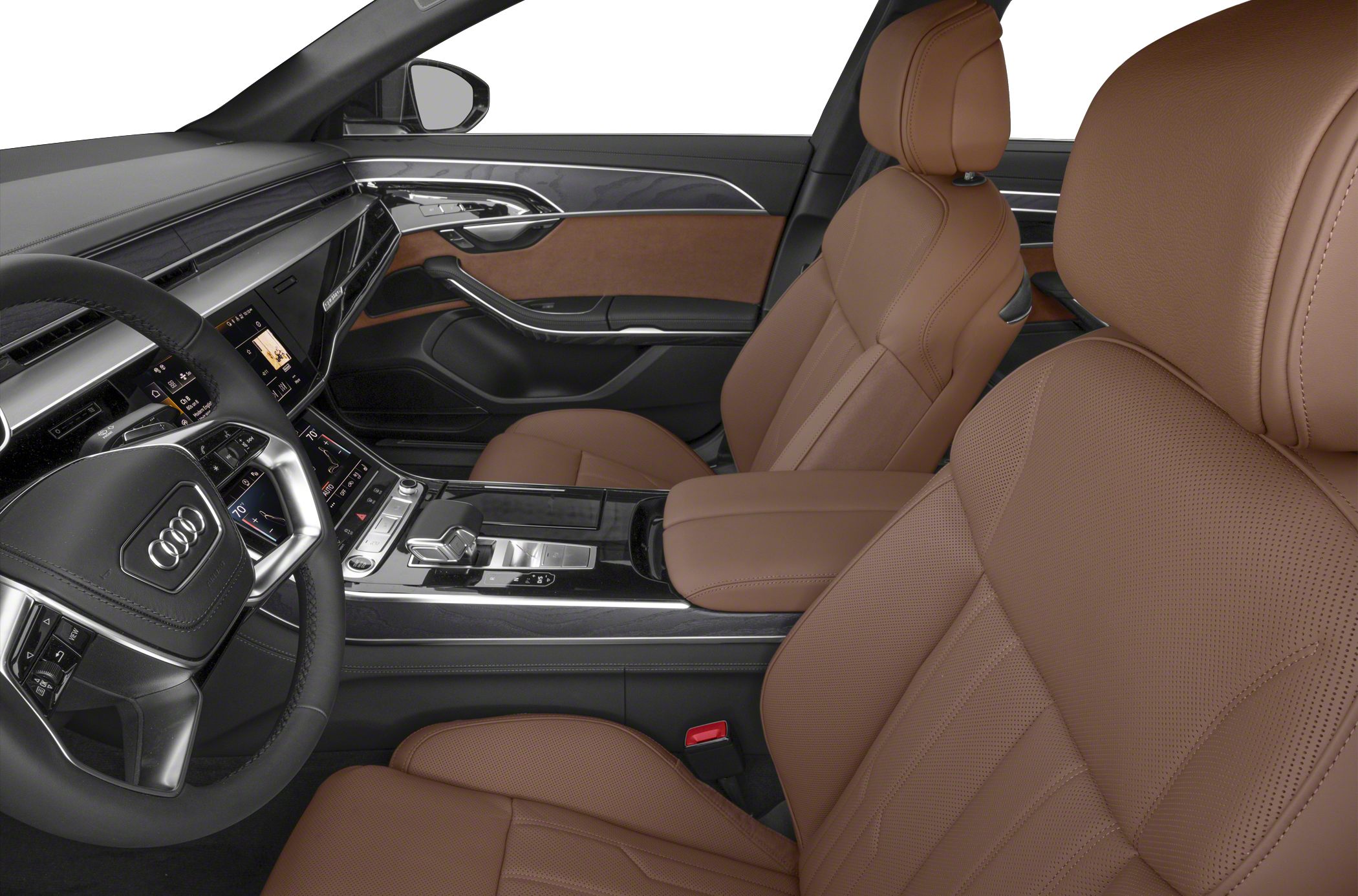 Luxury brown leather seats with advanced digital dashboard and modern controls