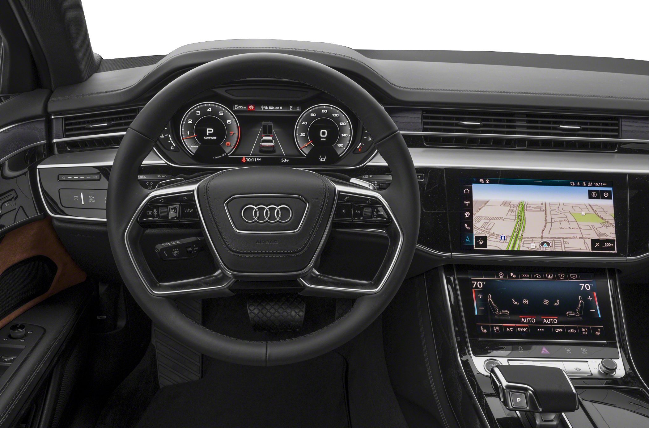Virtual cockpit dashboard and dual touchscreen infotainment system with climate controls