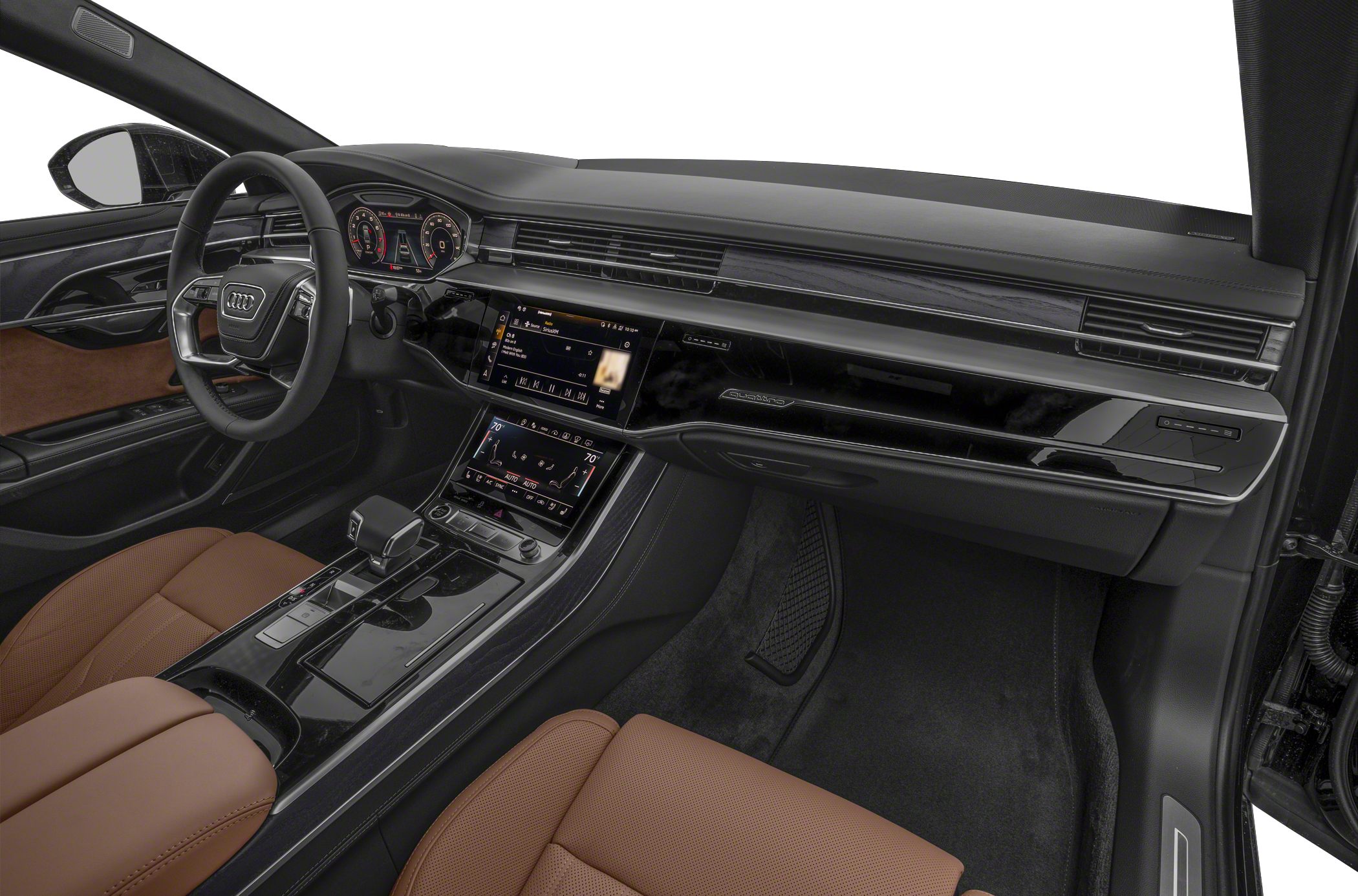 Dual touchscreen infotainment and digital dashboard in luxury interior