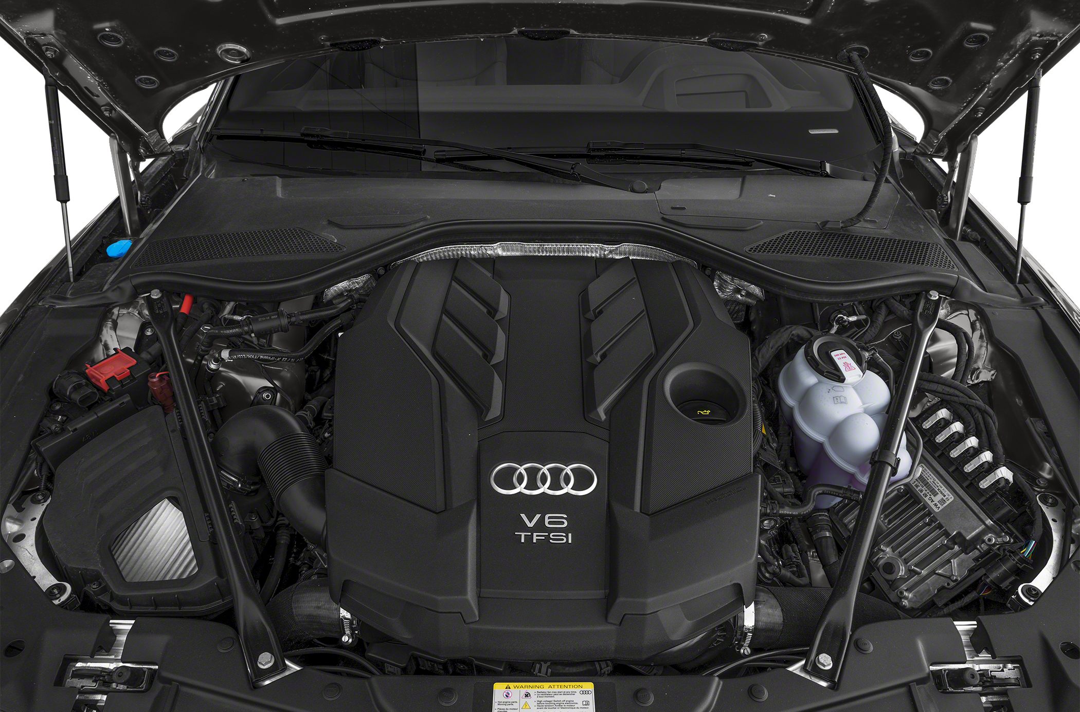 V6 TFSI engine with protective cover inside an engine bay.
