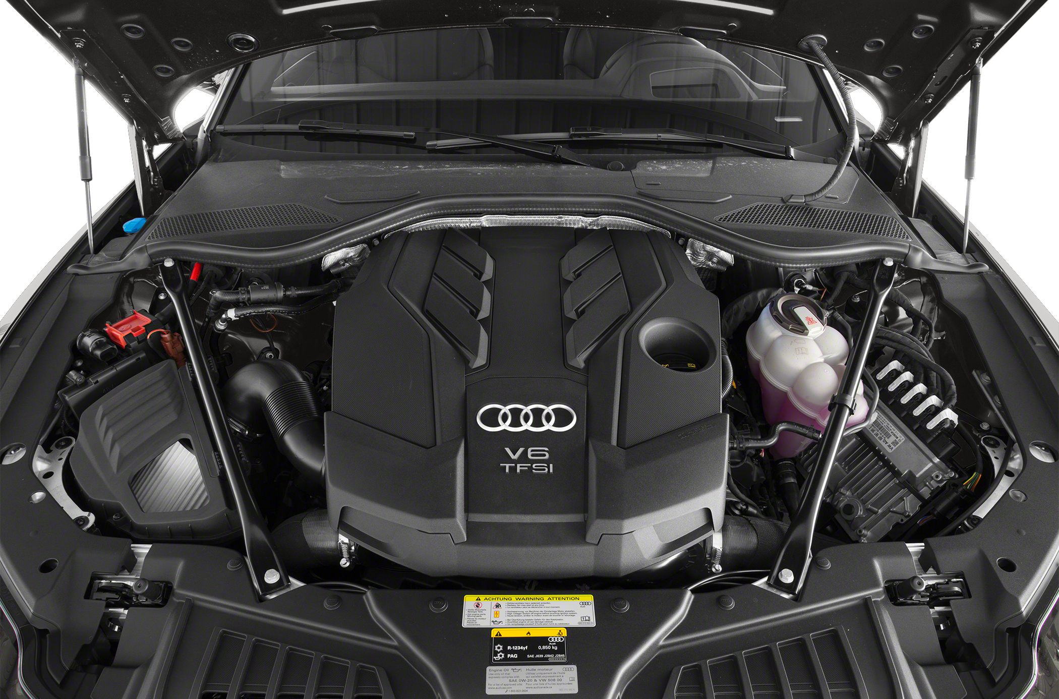 Detailed view of V6 TFSI engine with visible components and structure.