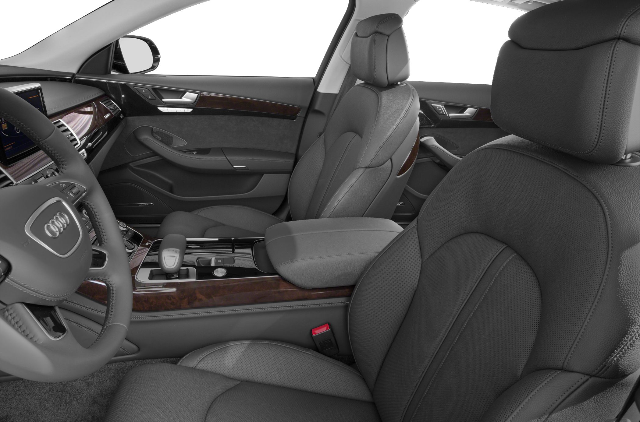 Luxury black leather front seats with wood trim and dashboard details