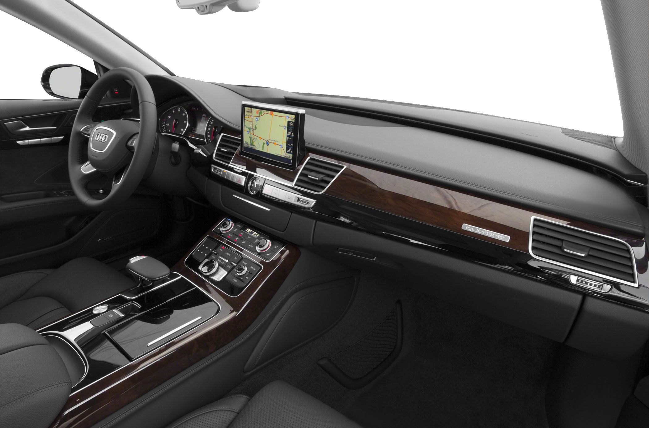 Luxury car dashboard with navigation display and wood trim