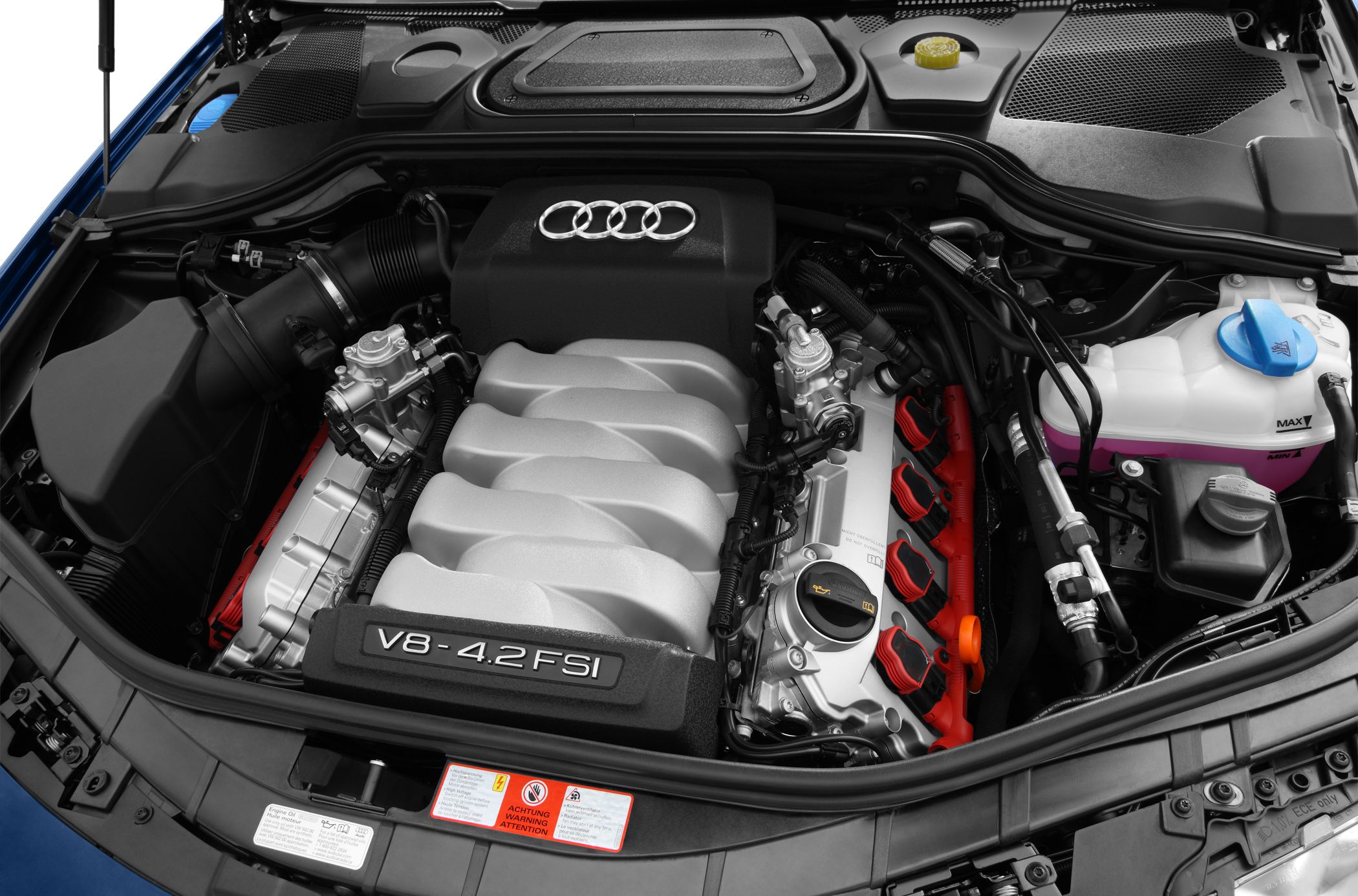 V8 4.2 FSI engine with visible intake manifold and fluid reservoirs