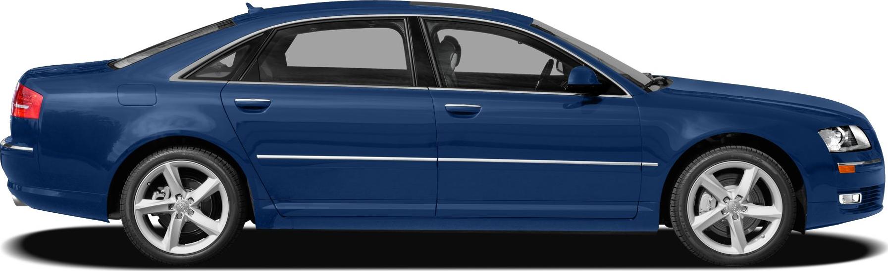Side profile of a blue luxury sedan with 5-spoke alloy wheels