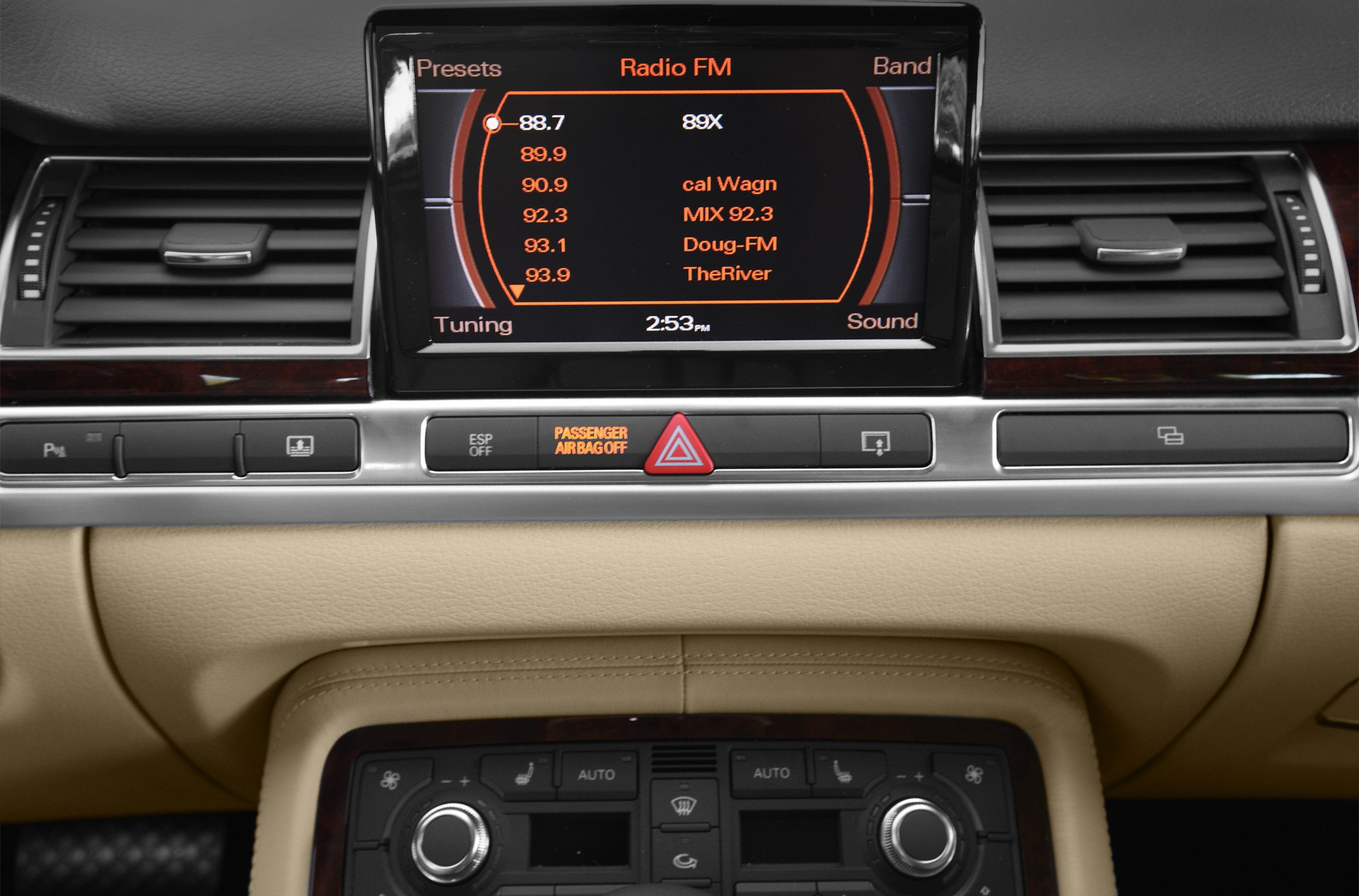 Multimedia display and dual-zone climate control panel in car interior