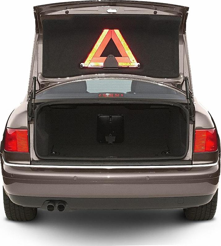 Open rear trunk with emergency warning triangle and spacious cargo area