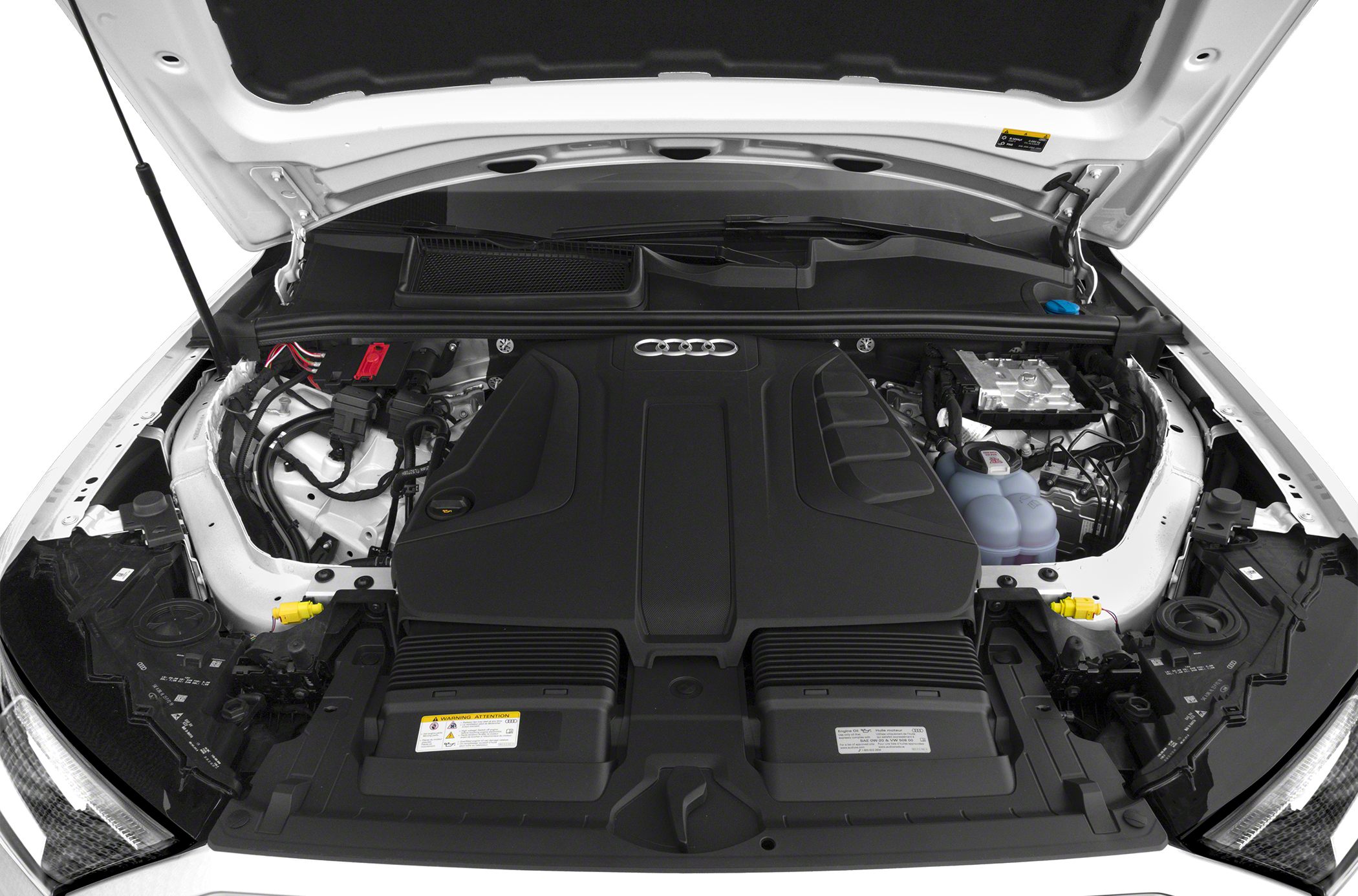 Audi engine compartment with large engine cover and fluid reservoirs