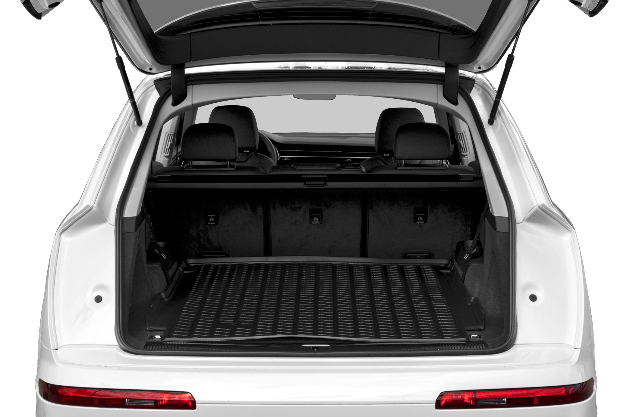Open rear trunk with spacious cargo area and two rear seats visible