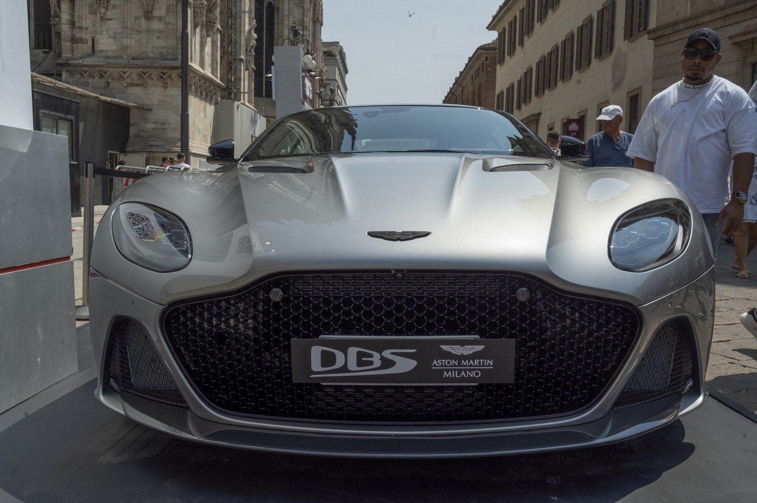 Front view with large honeycomb grille and sleek headlights