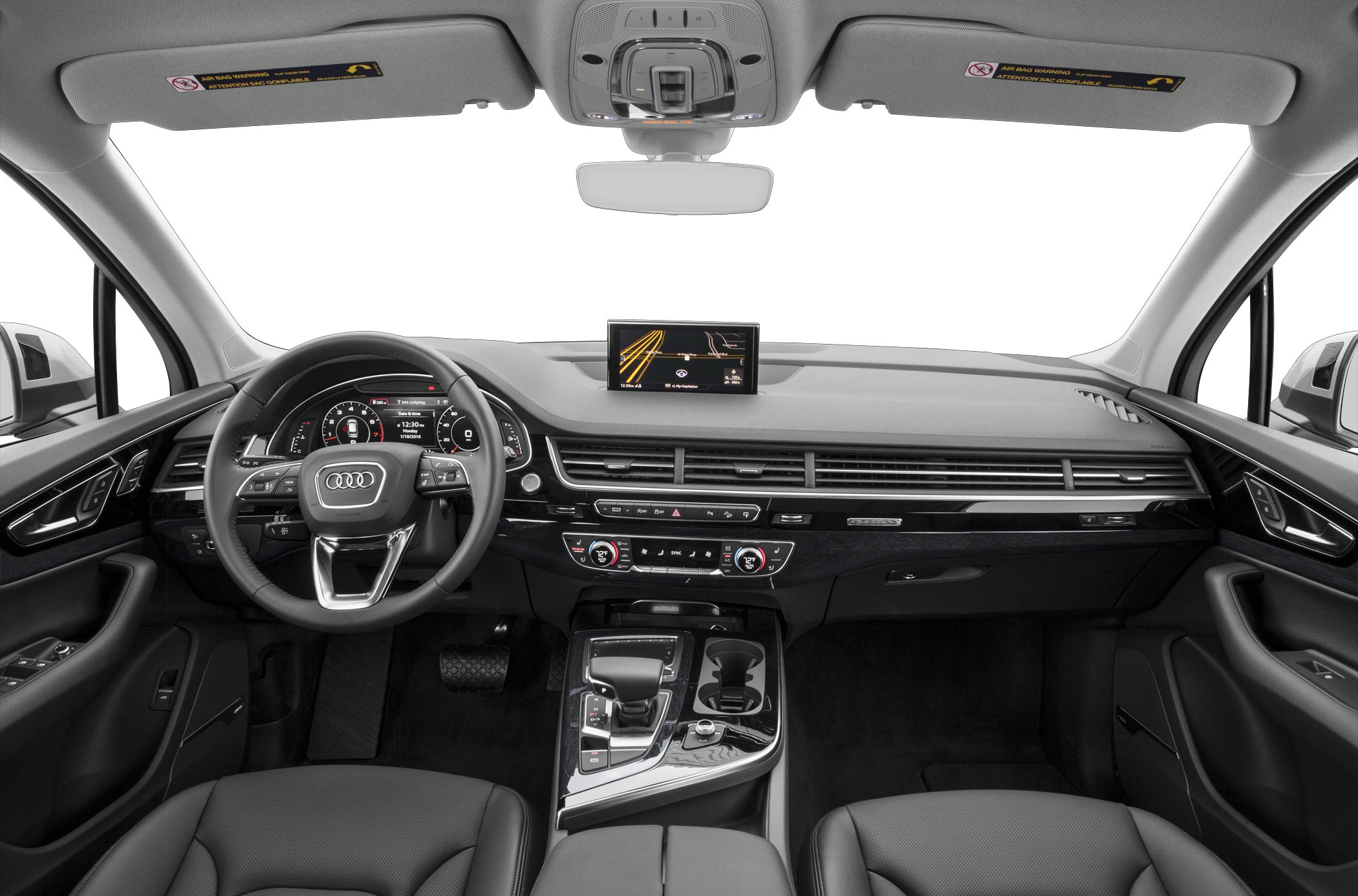 Digital dashboard, multimedia screen, ergonomic steering wheel, modern center console