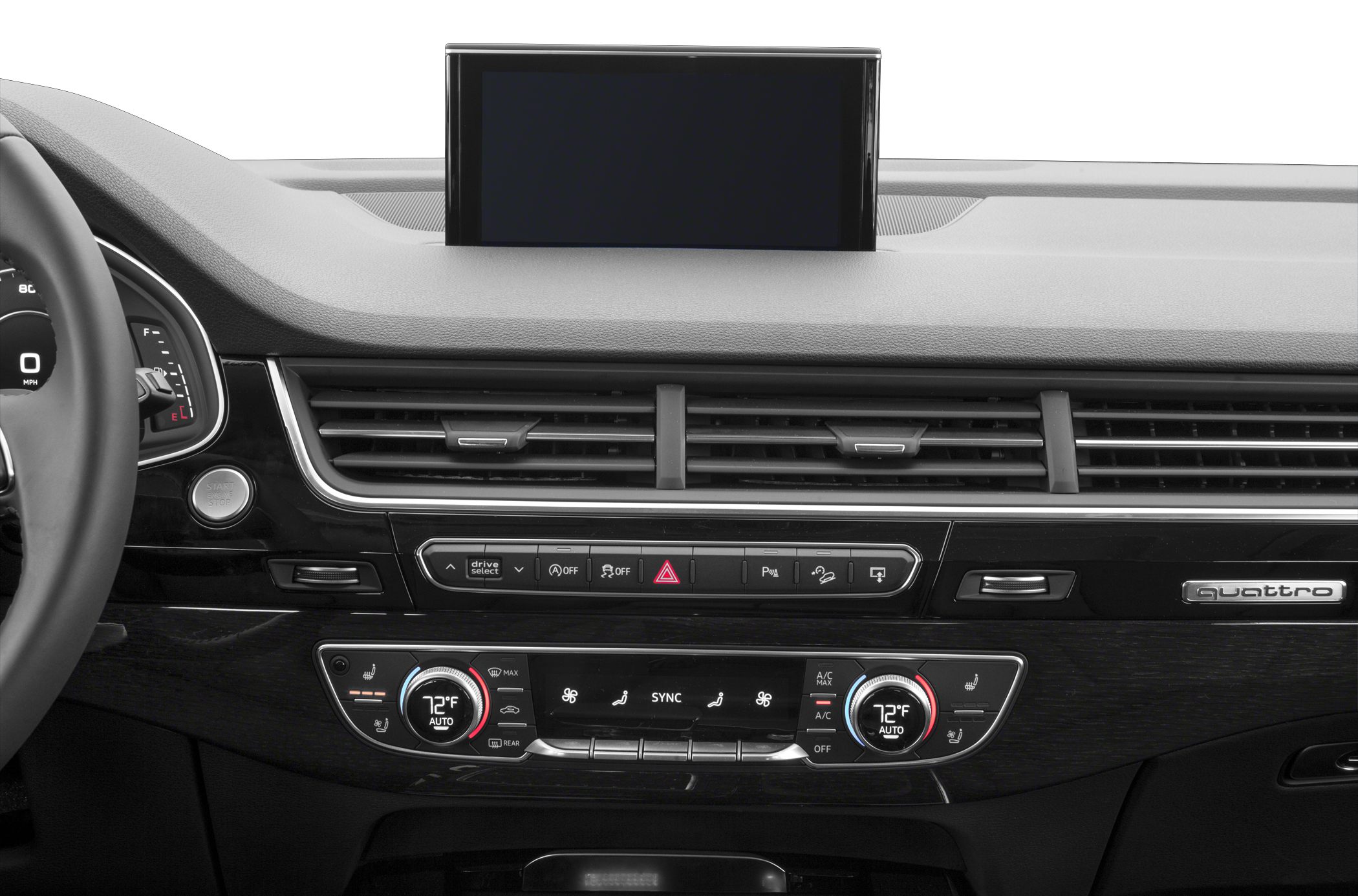 Dashboard with central display, air vents, and dual-zone climate control.