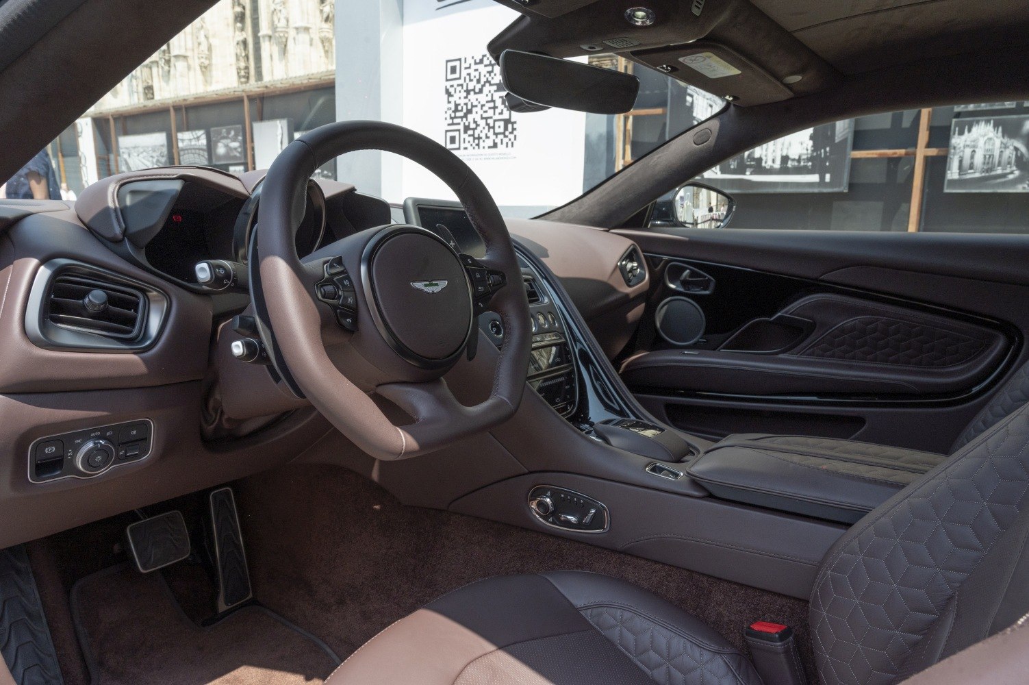 Brown leather steering wheel and quilted interior seats