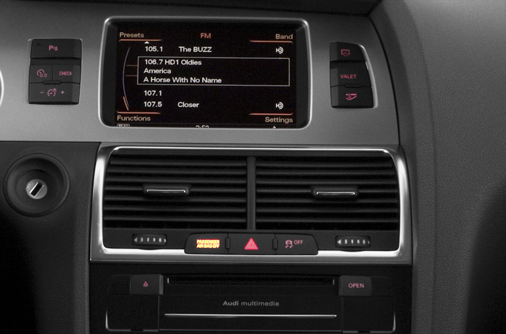 Multimedia display with central air vents and control buttons