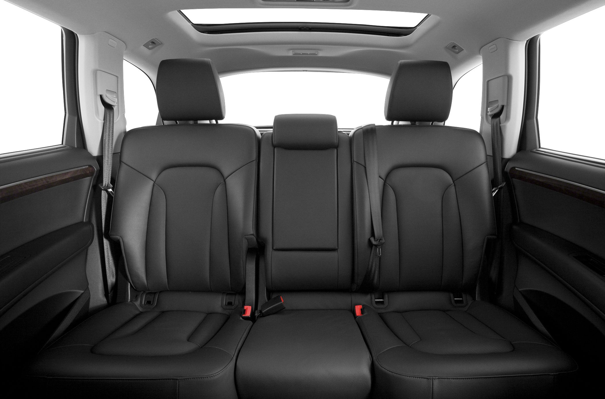 Black leather rear seats and panoramic sunroof in SUV interior