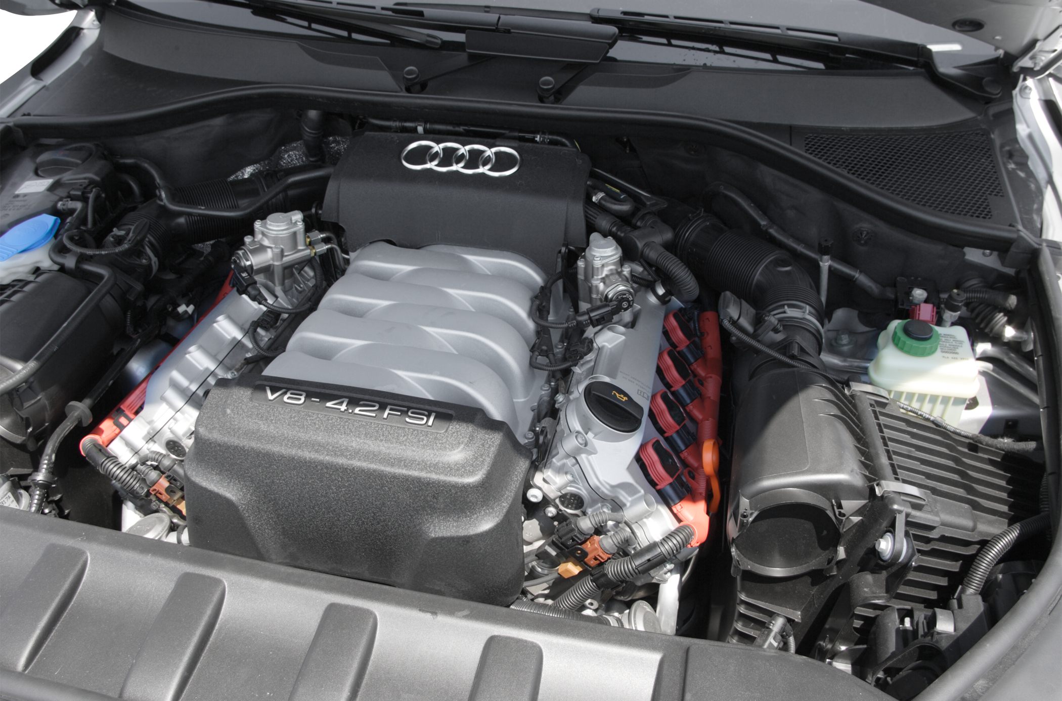 Close-up of V8 4.2 FSI engine with visible Audi rings and components