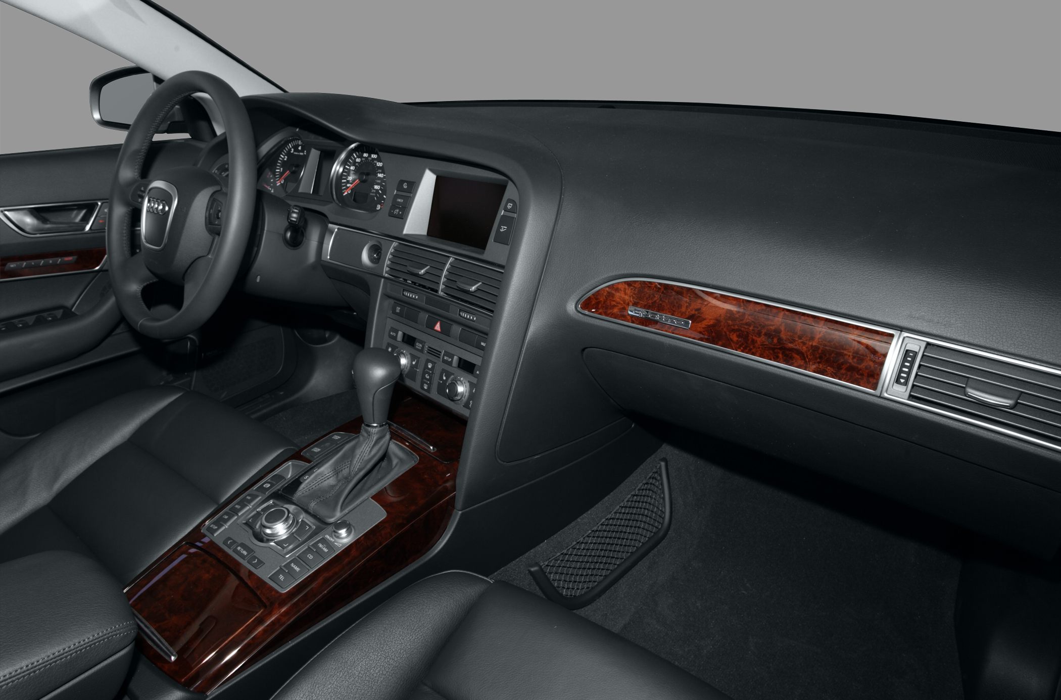 Premium leather interior with wood trim and advanced center console controls