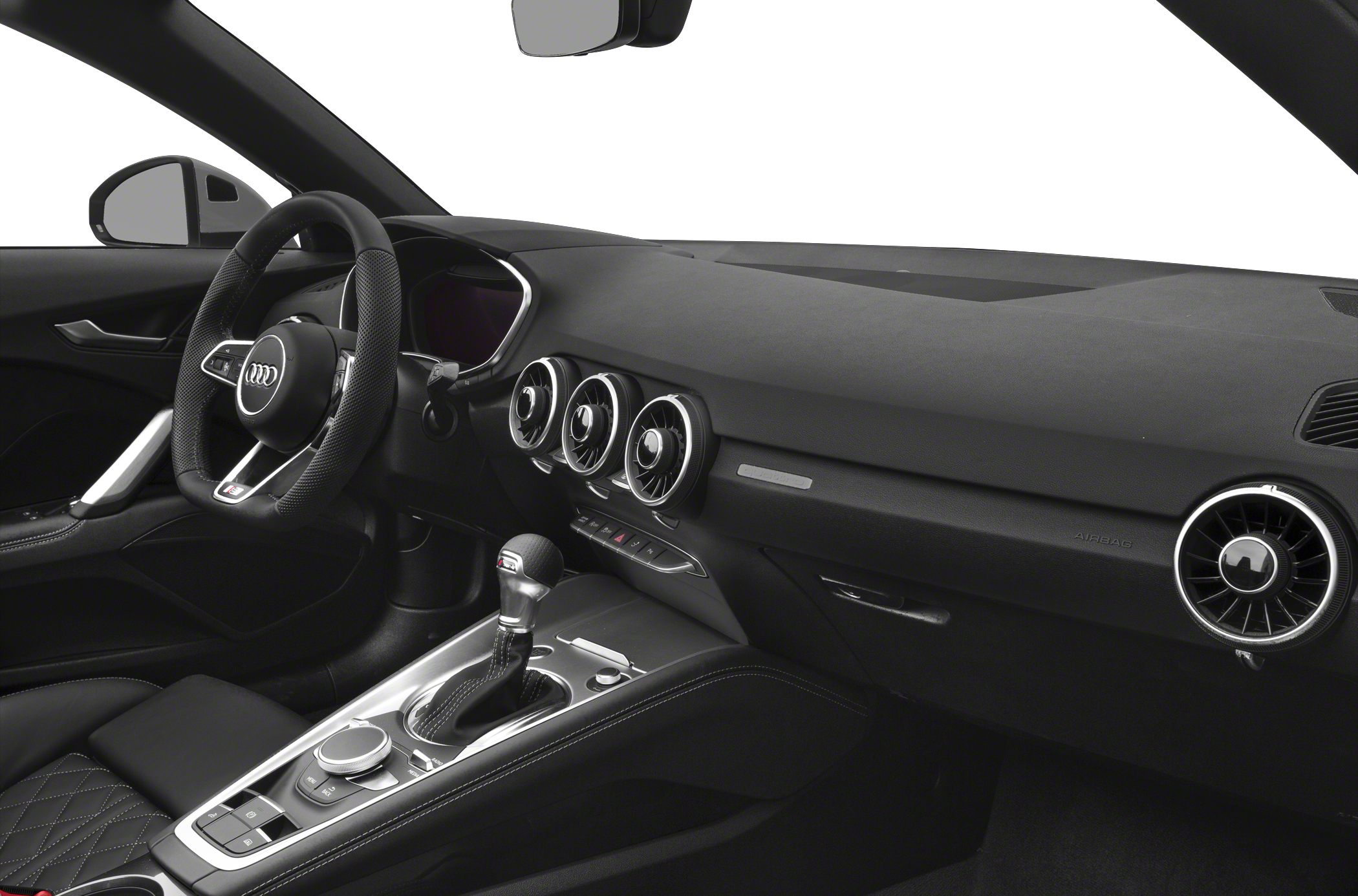 Sleek interior dashboard with round air vents and sporty steering wheel.