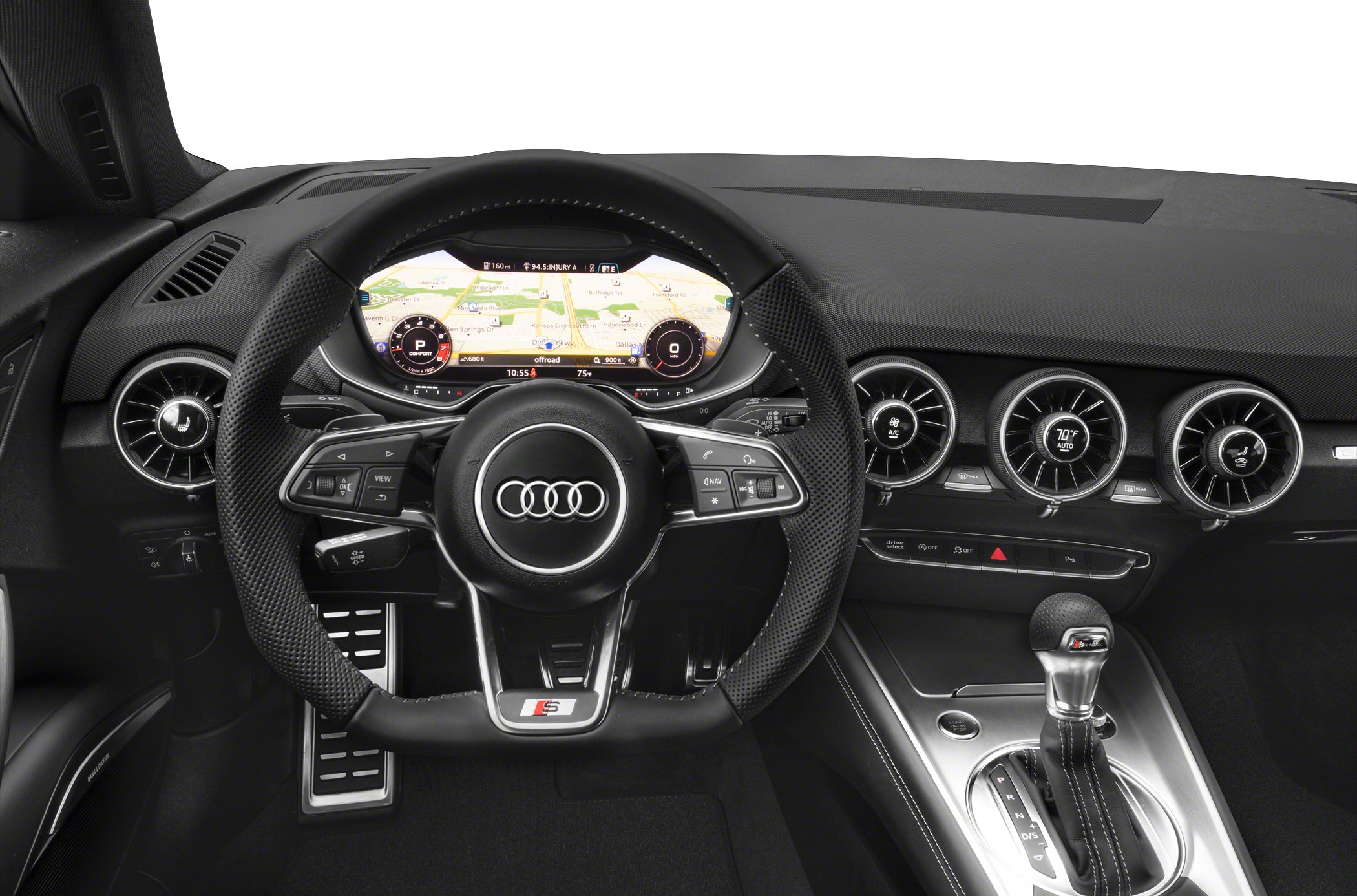 Digital dashboard, perforated steering wheel, round air vents, gear selector