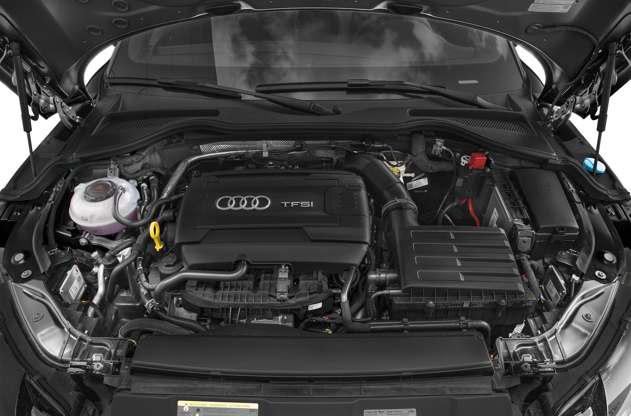 Engine compartment featuring TFSI engine cover and related components