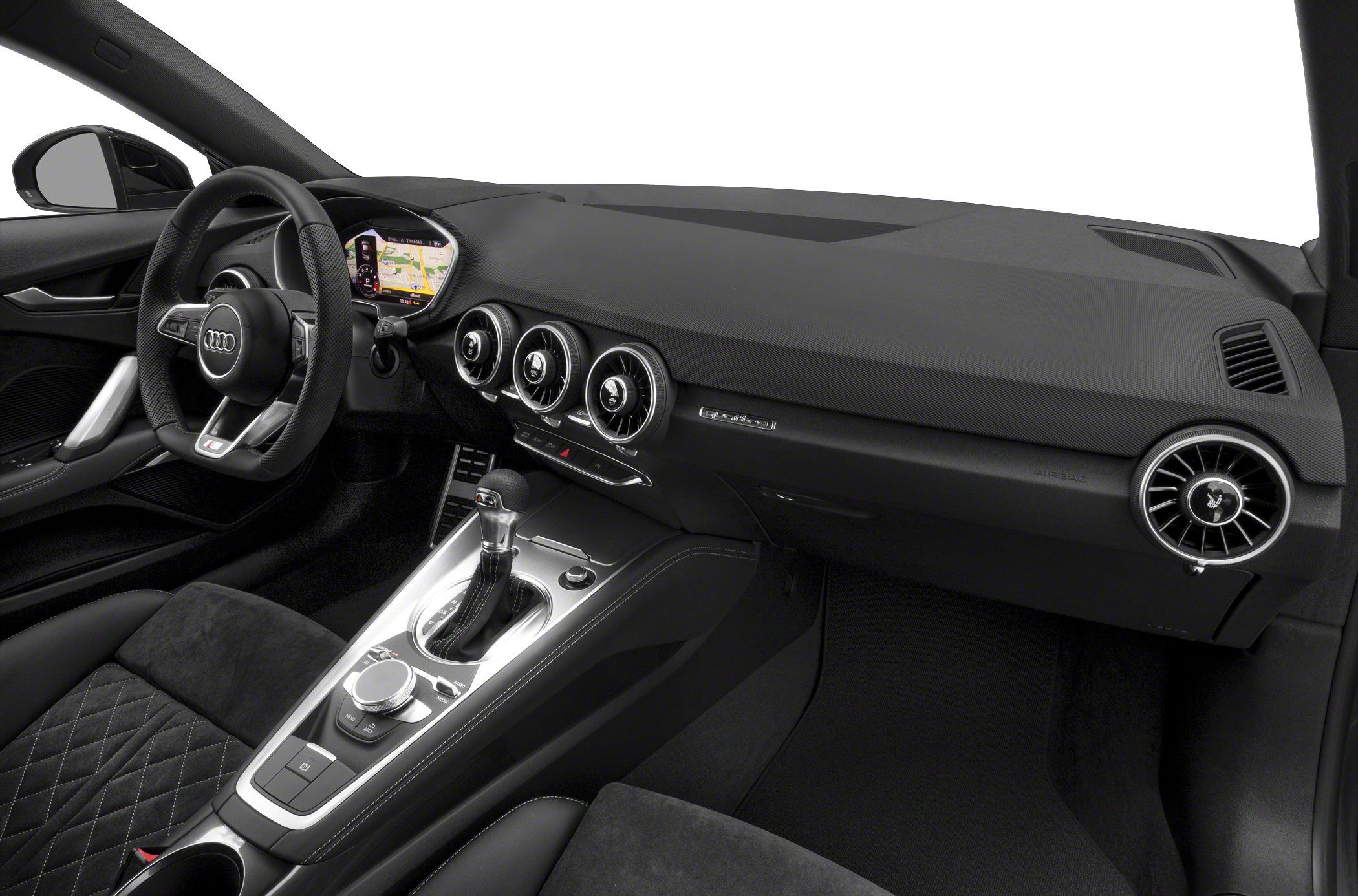 sleek dashboard with digital display and round air vents