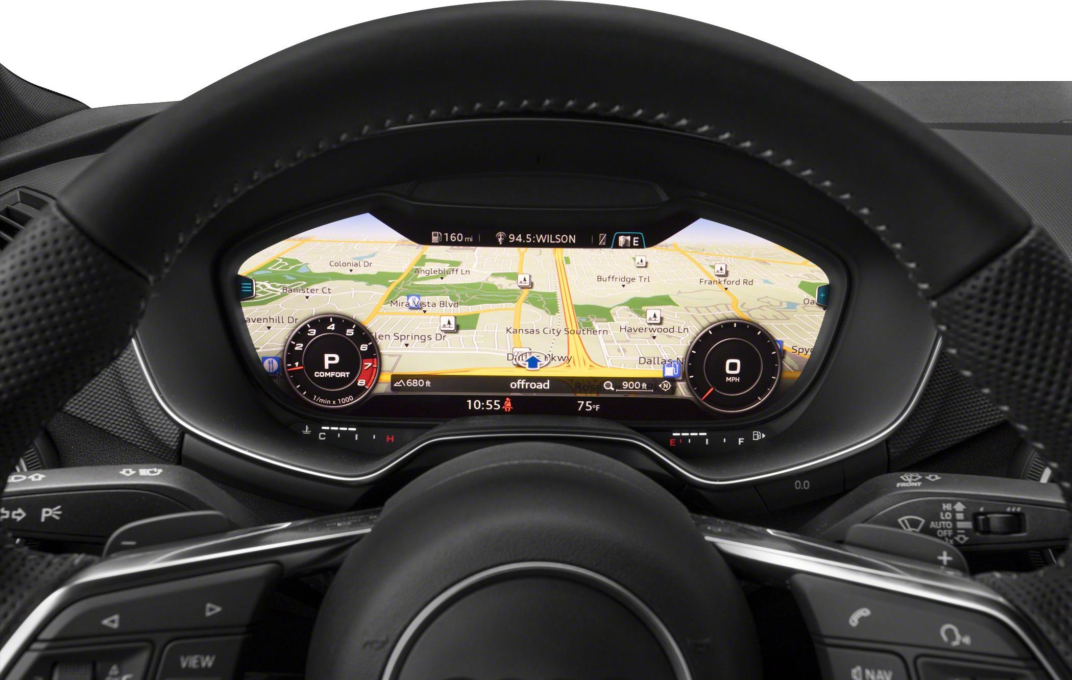 Digital instrument cluster with navigation map and vehicle gauges.