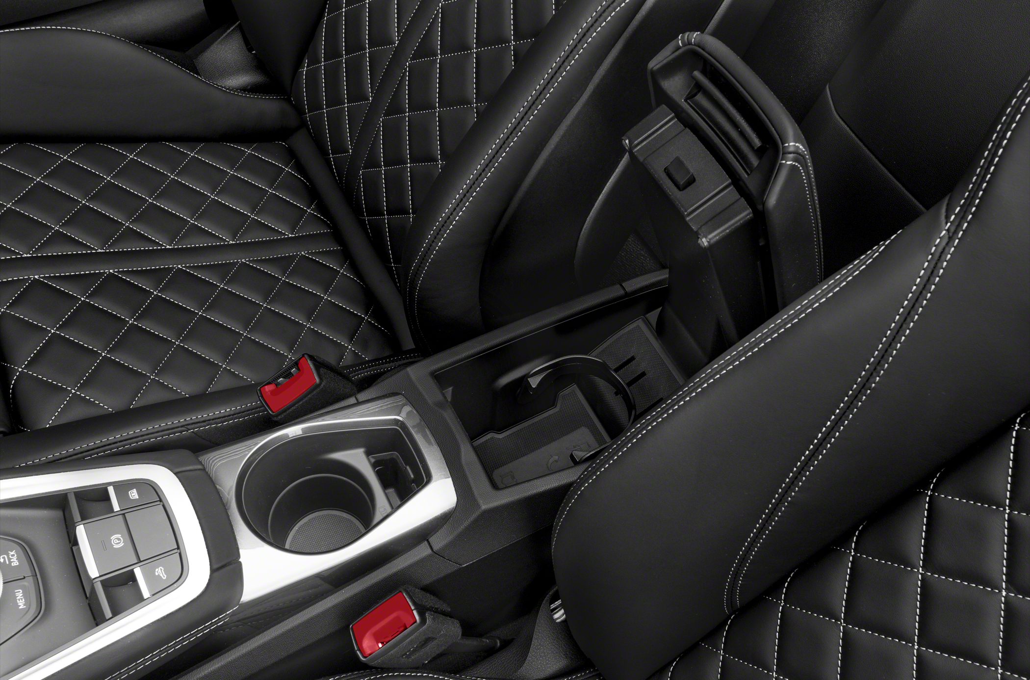 Quilted leather seats and central console with cupholder and controls