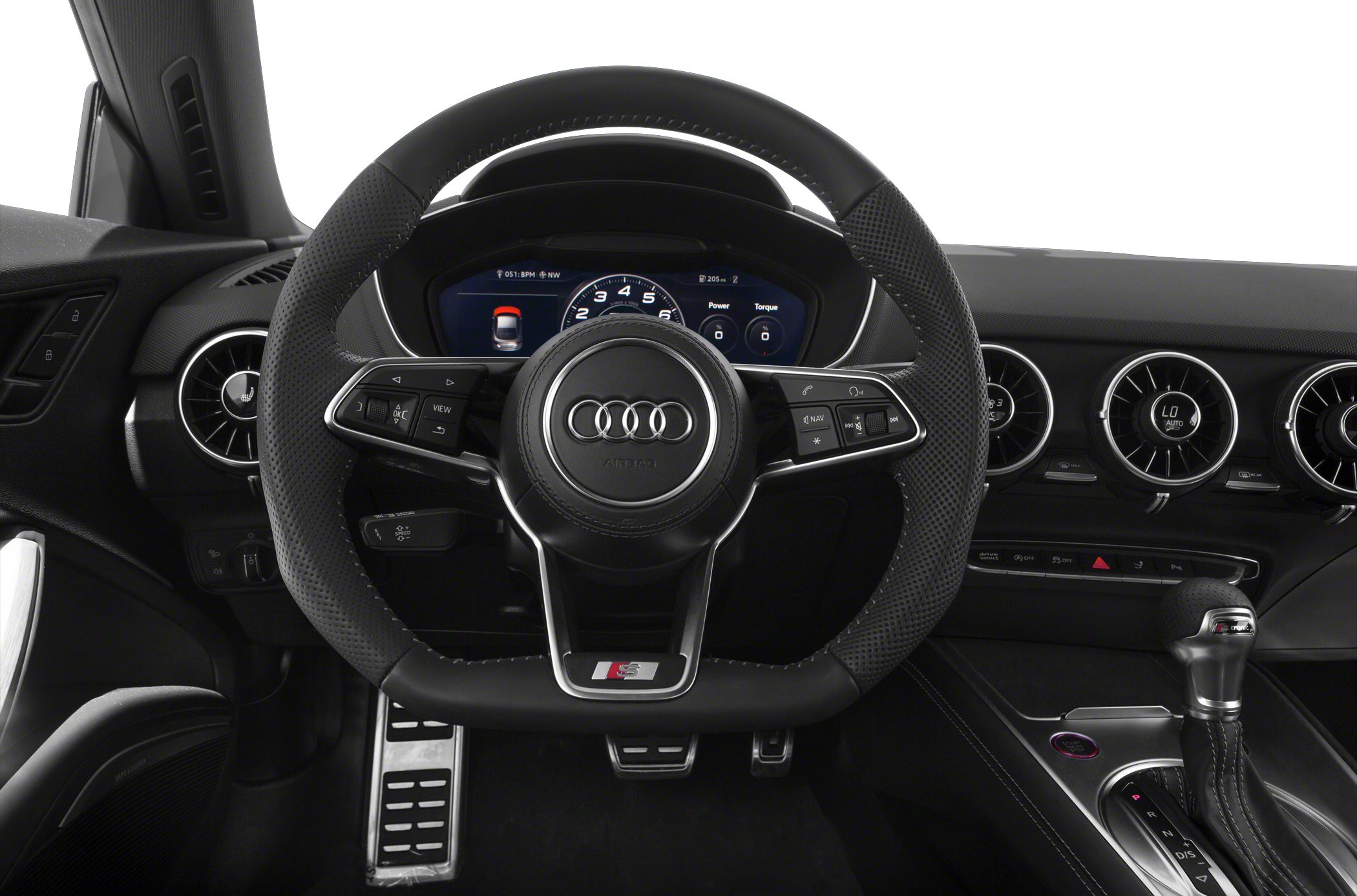 Steering wheel, digital dashboard, air vents, gear shifter