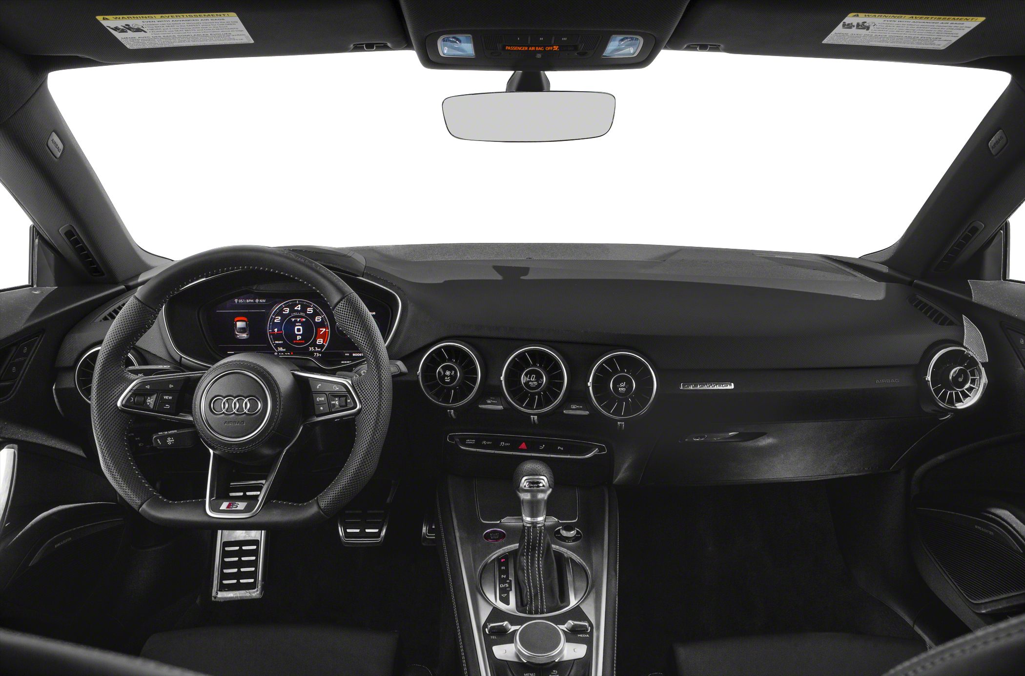 Steering wheel, digital instrument cluster, and dashboard air vents