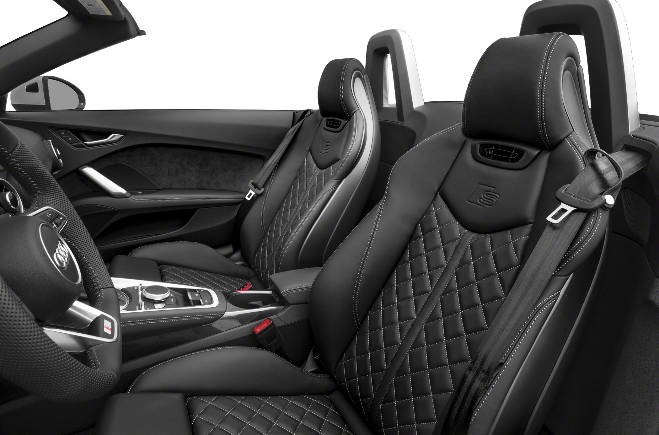 Black leather sports seats with diamond stitching and integrated headrests