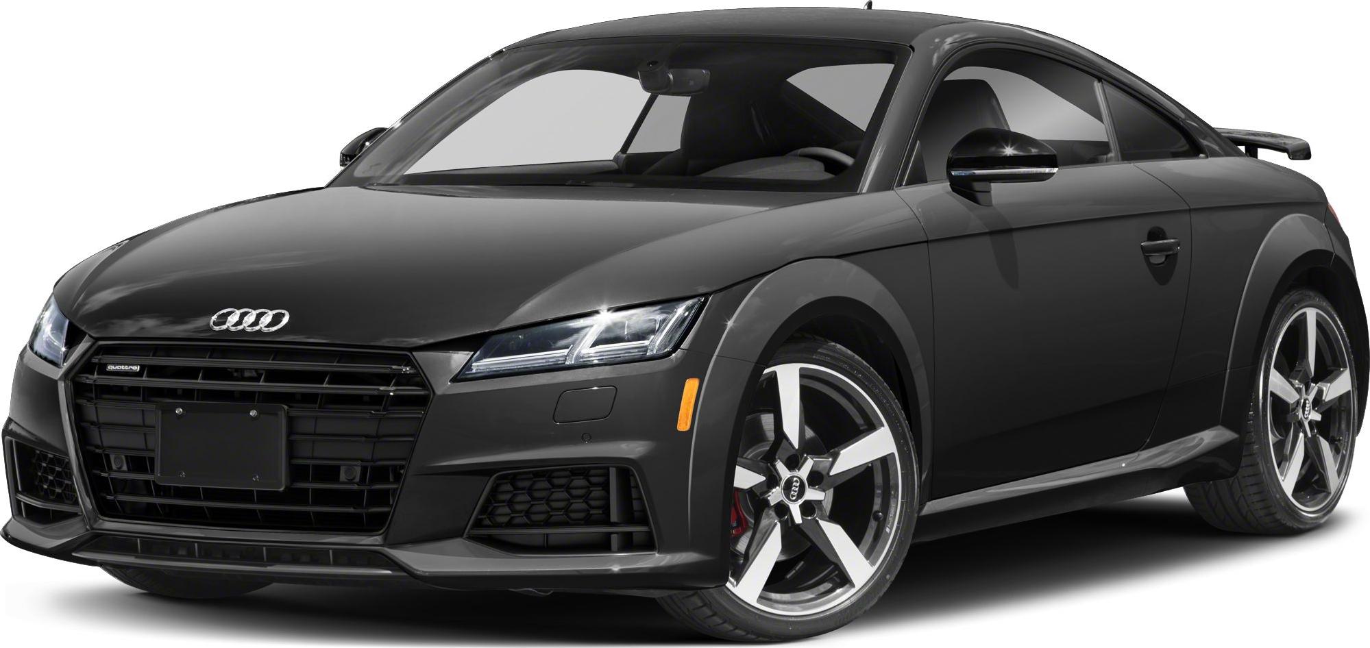 Front angled view of a black sporty coupe with LED headlights and alloy wheels.