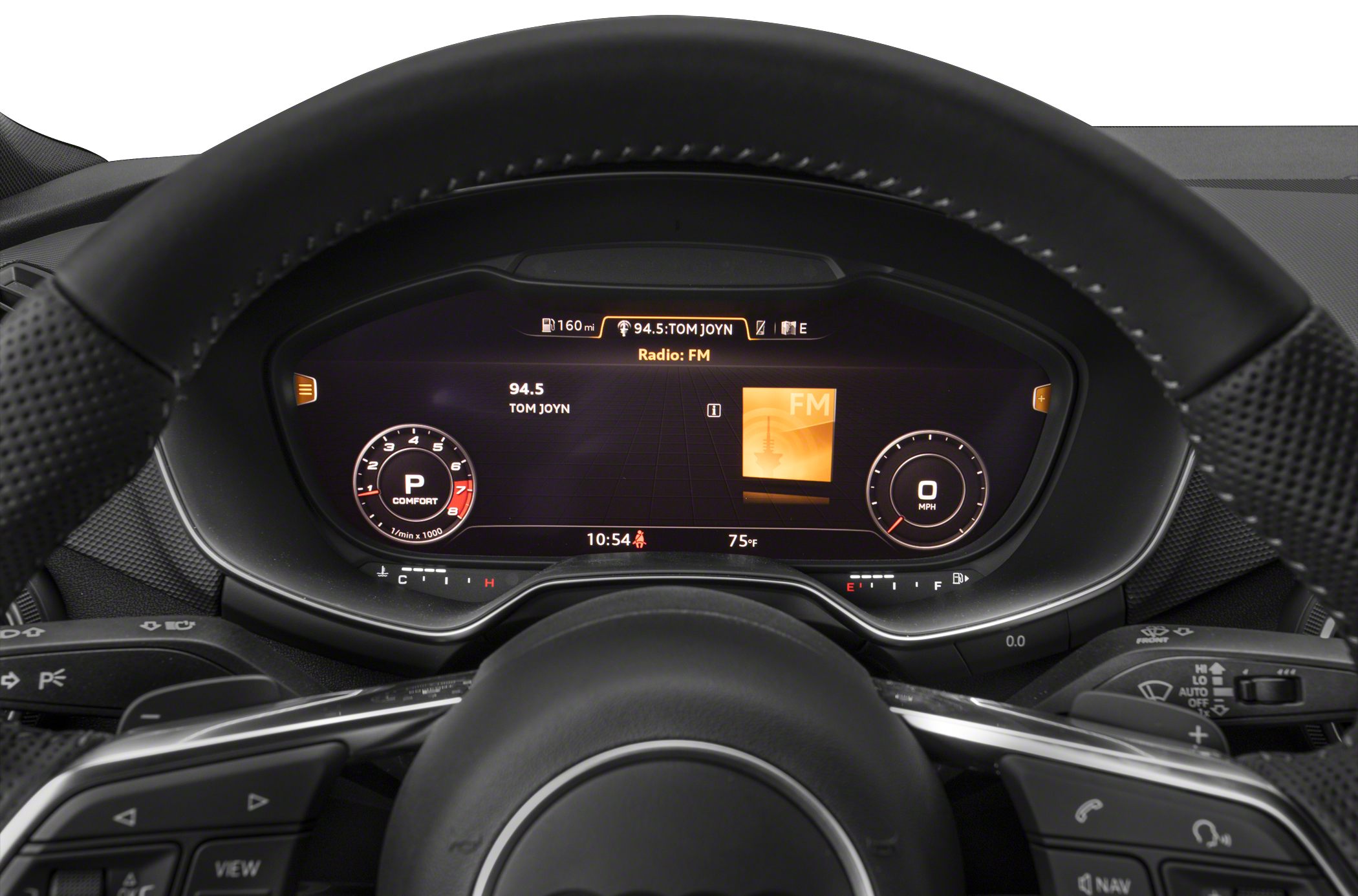 Digital virtual cockpit display with speedometer and tachometer behind steering wheel
