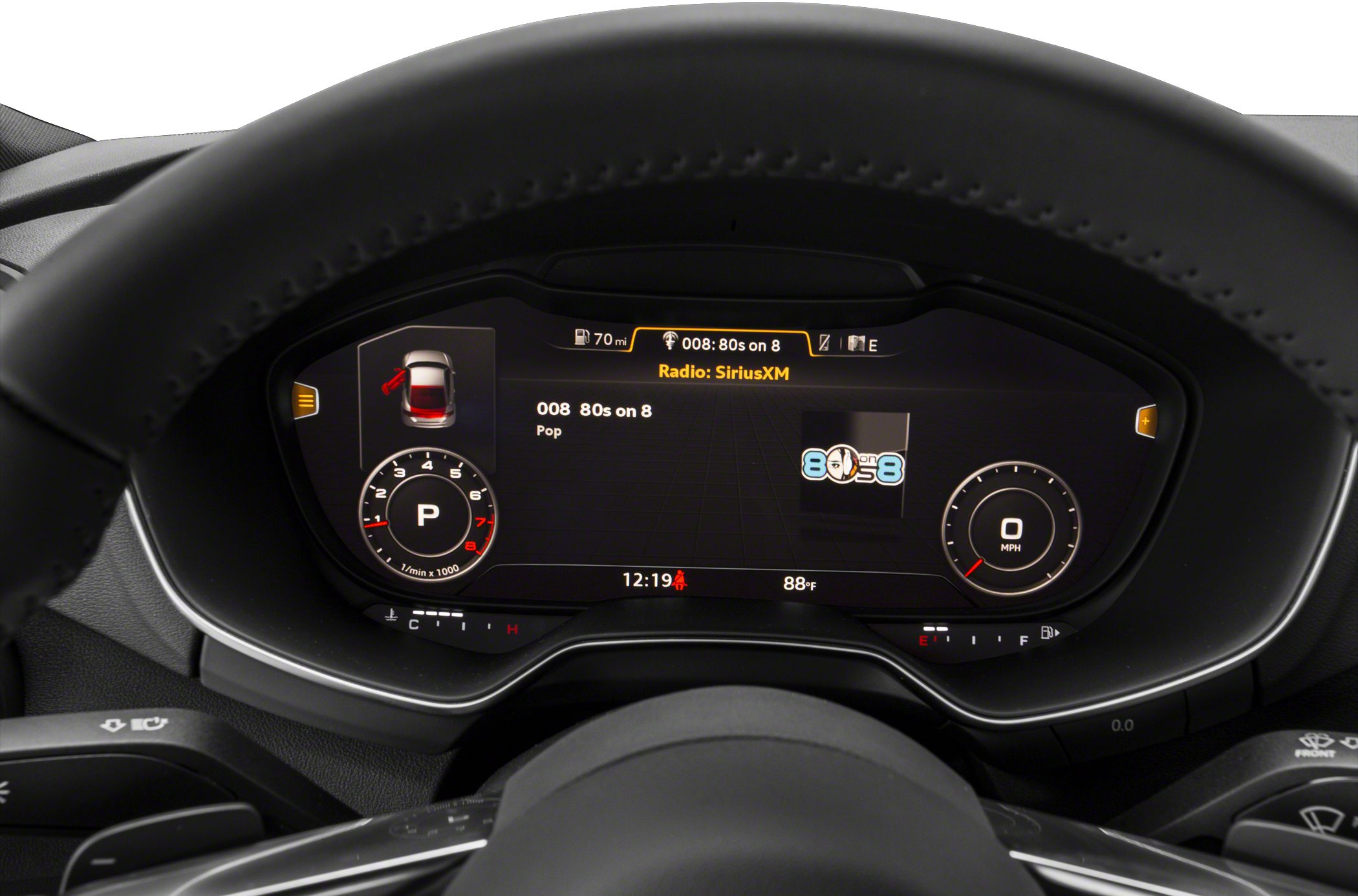 Digital instrument cluster with tachometer, speedometer, and media info