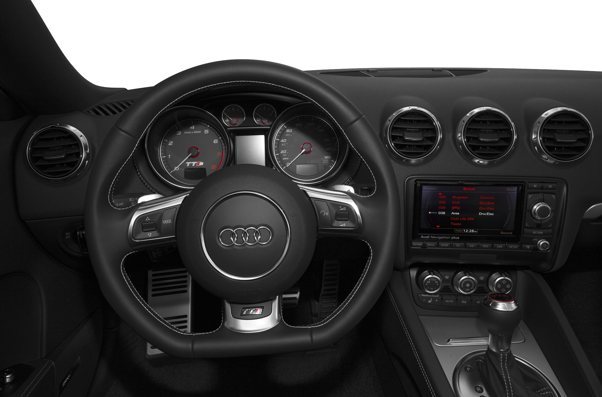 Steering wheel, instrument cluster, and central dashboard controls