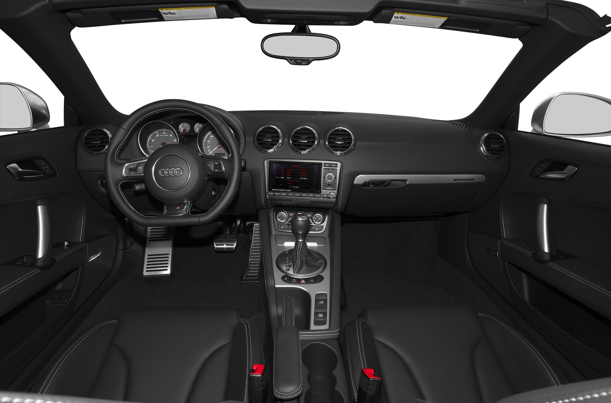 Interior dashboard and steering wheel with center console and gauges