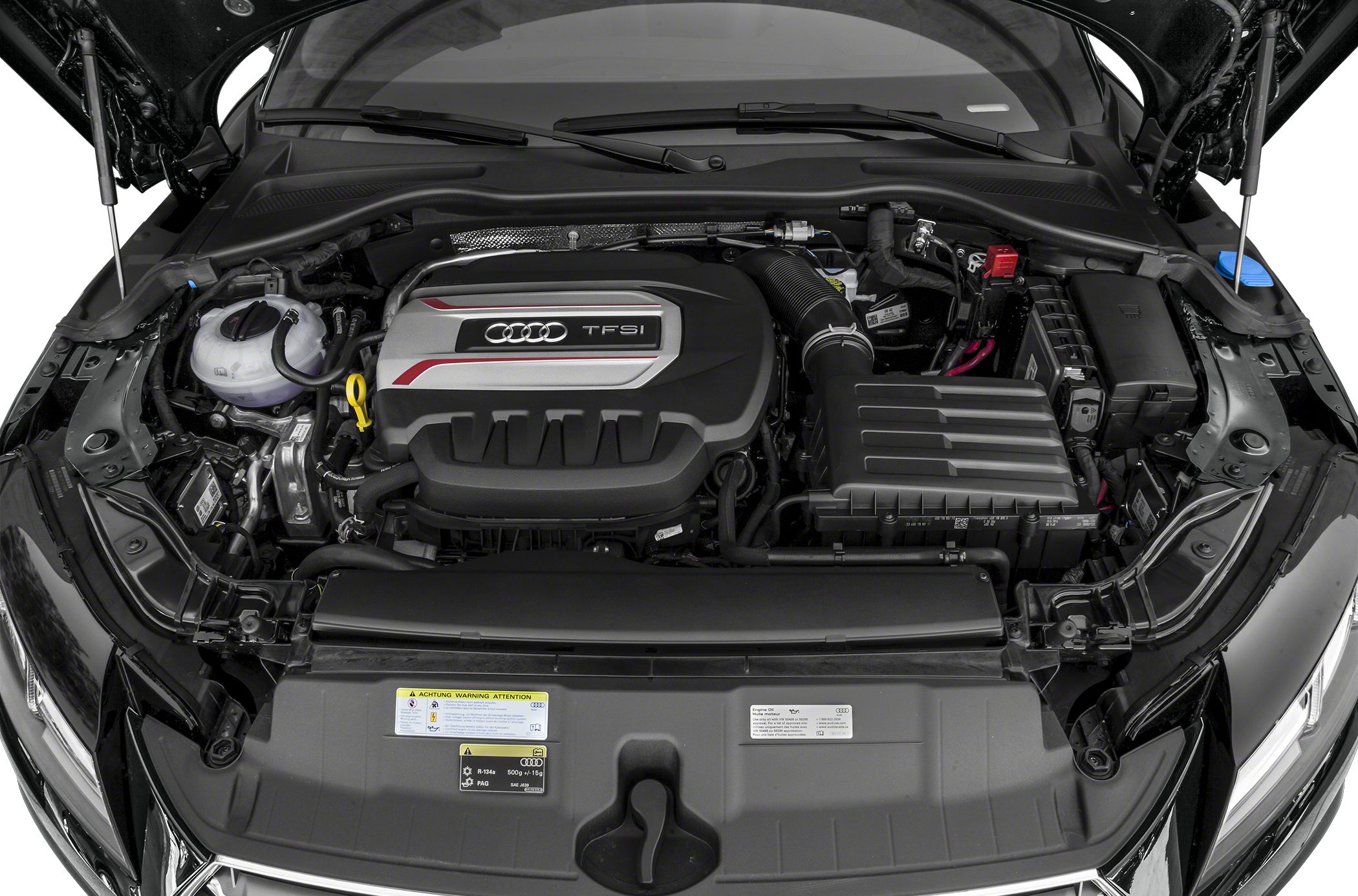 Detailed engine bay showing TFSI engine technology and components