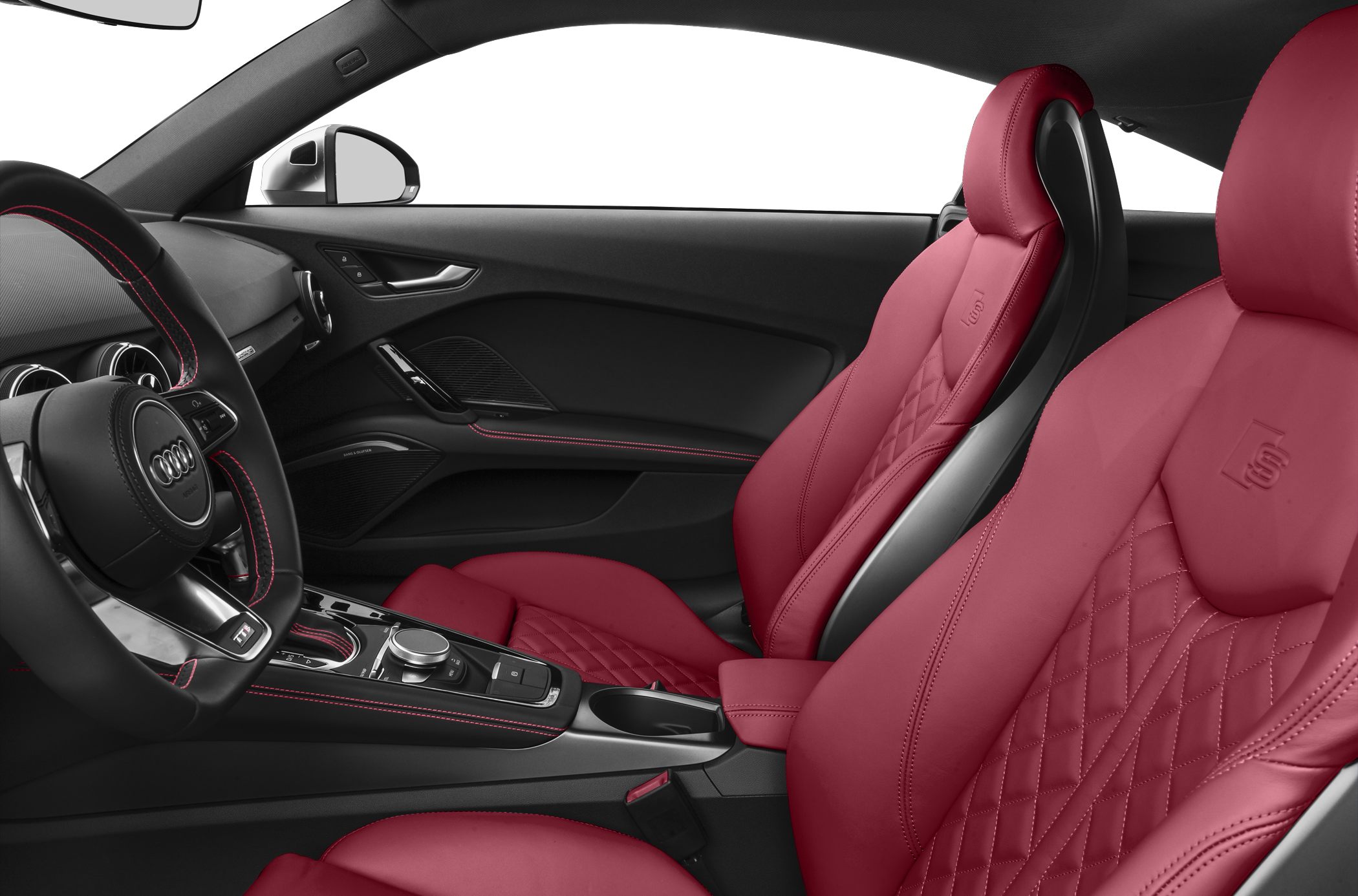 Red leather sport seats with diamond stitching inside a modern coupe interior