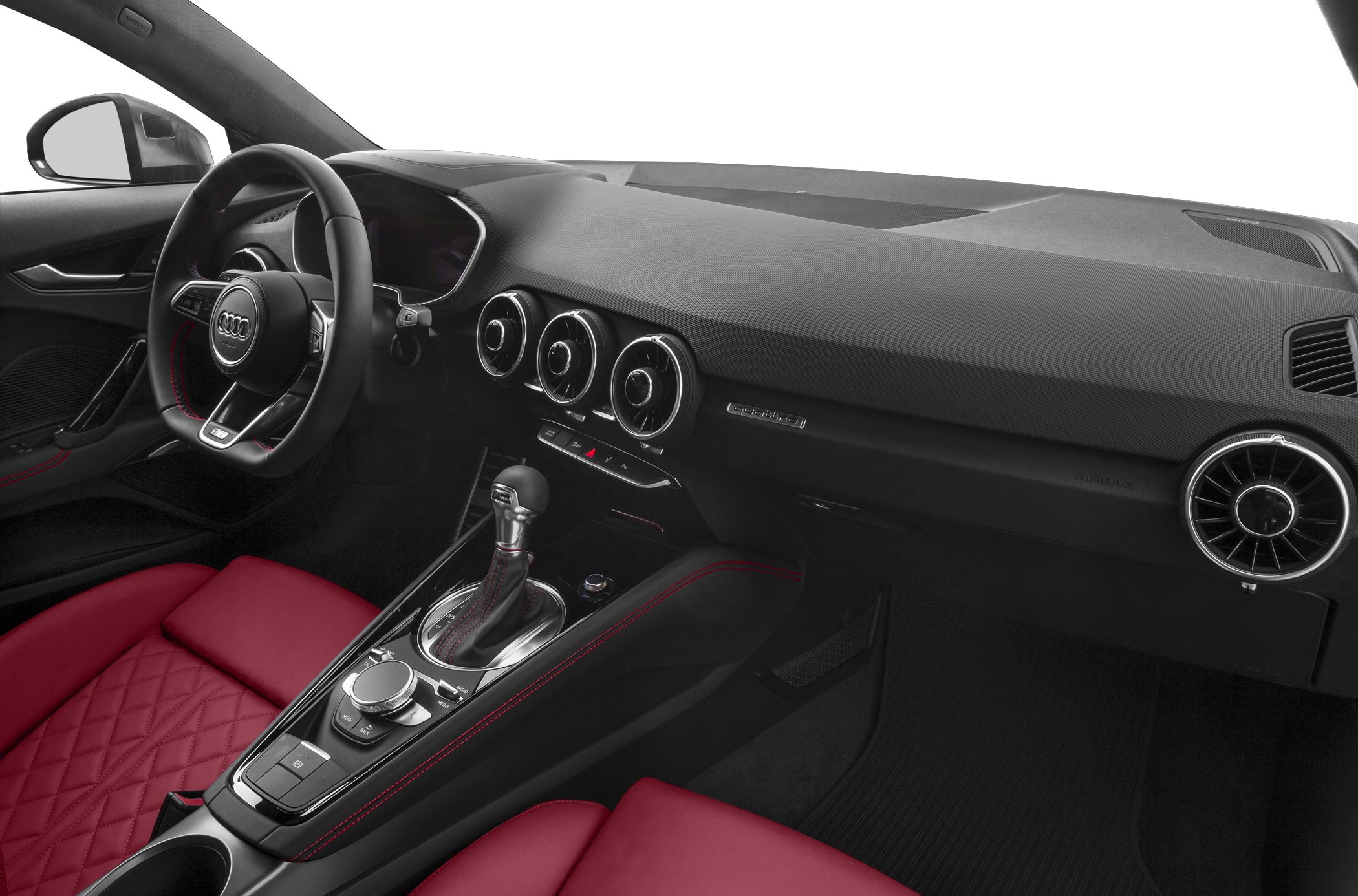 Dashboard, steering wheel, red leather seats, and gear shifter