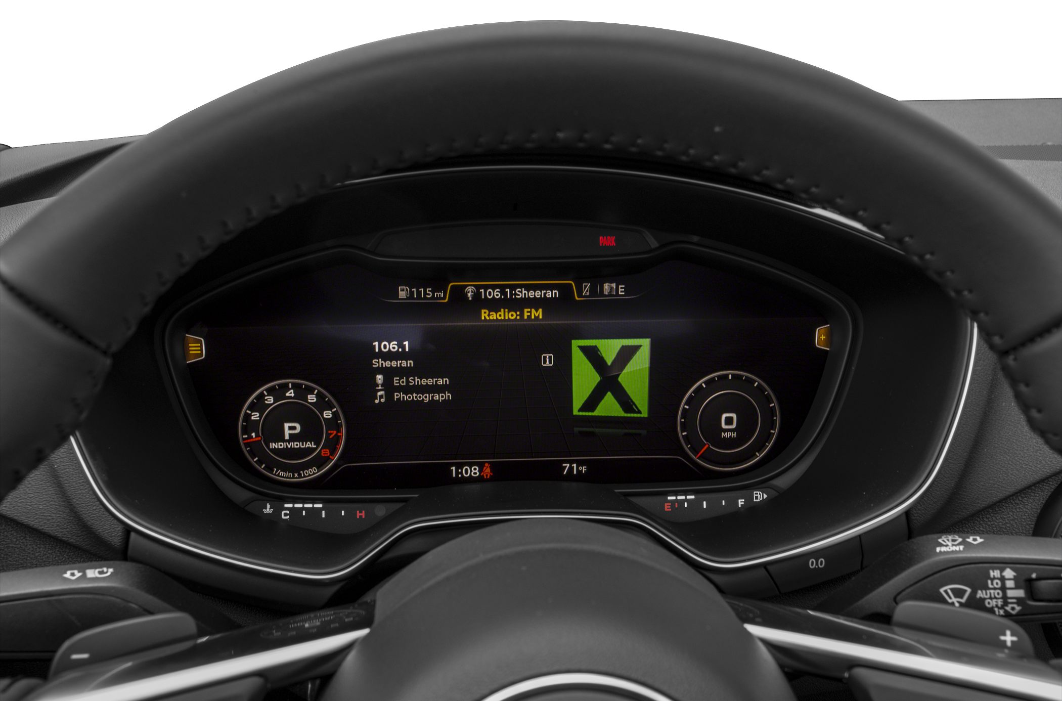 Digital instrument cluster with speedometer, tachometer, and multimedia display