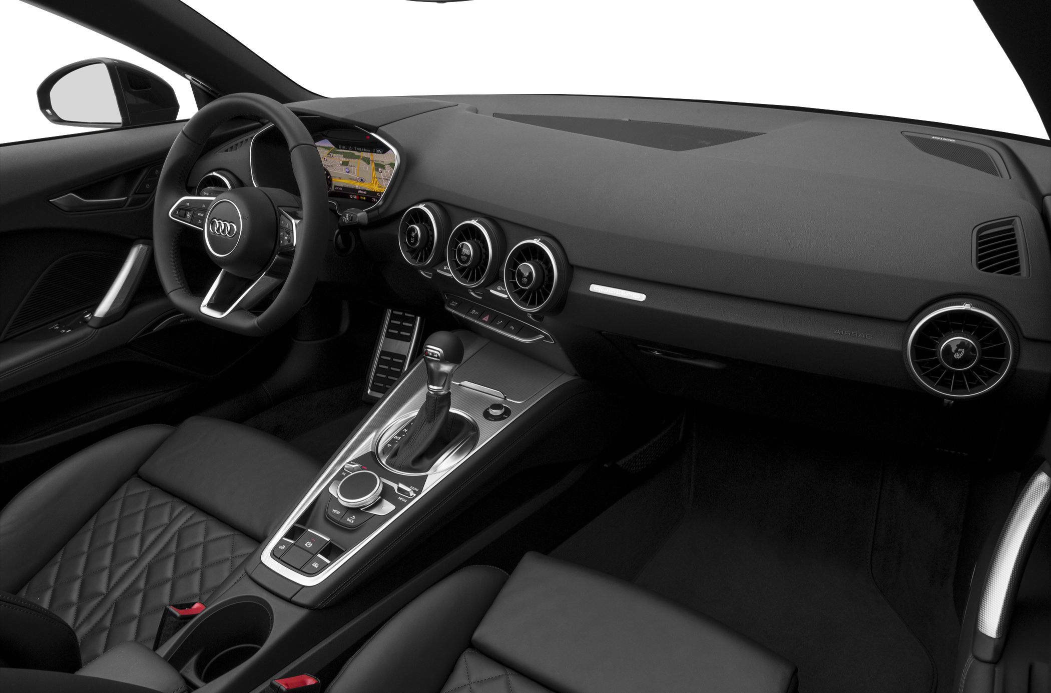 Car interior with dashboard, navigation screen, circular vents, and quilted leather seats