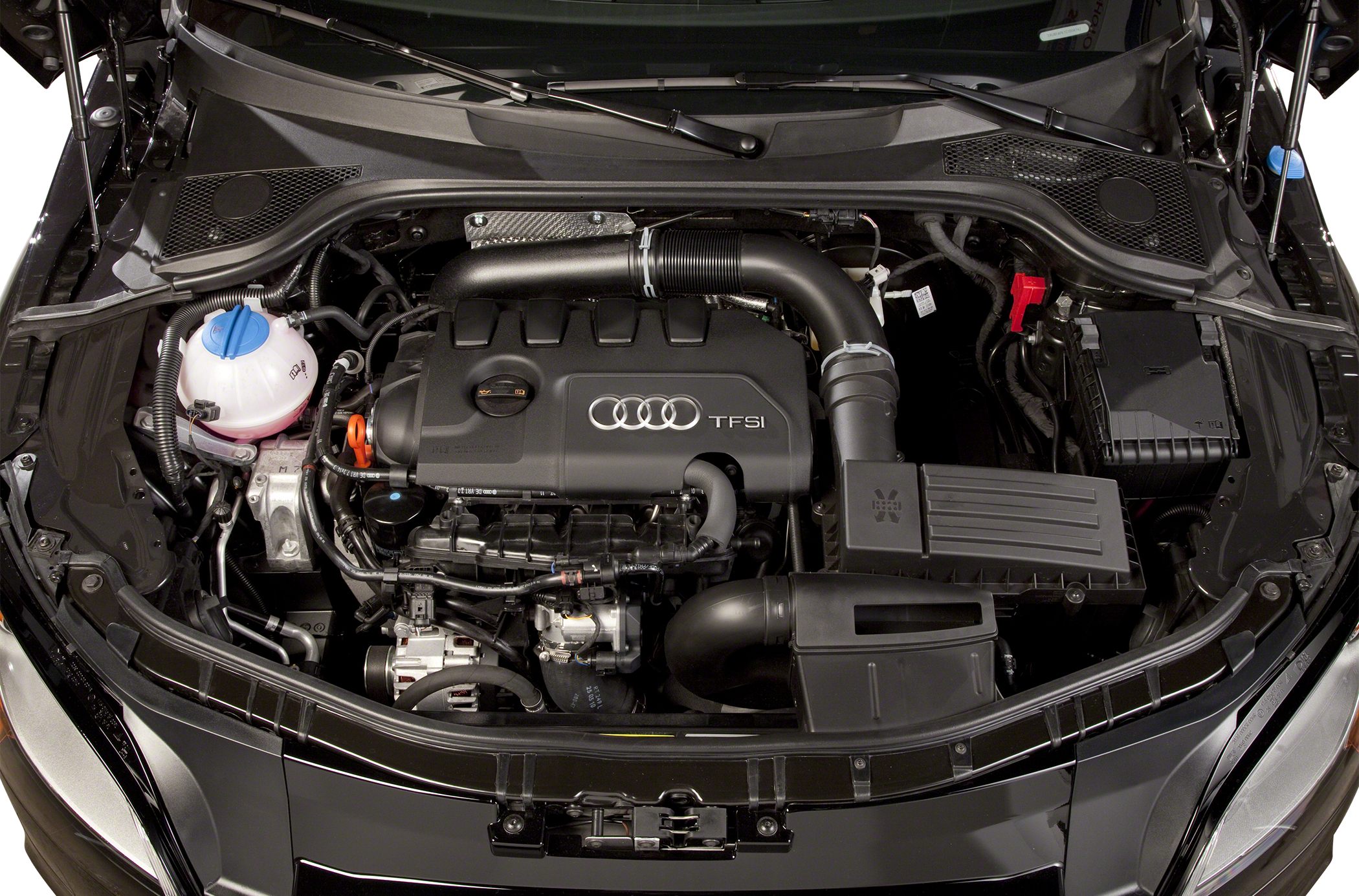 Close-up of TFSI engine and components in engine bay under open hood